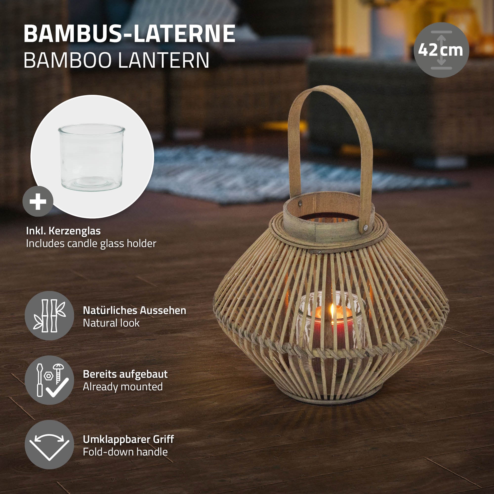 ECD Germany Garten Lanterne Bambou 42 cm avec verre