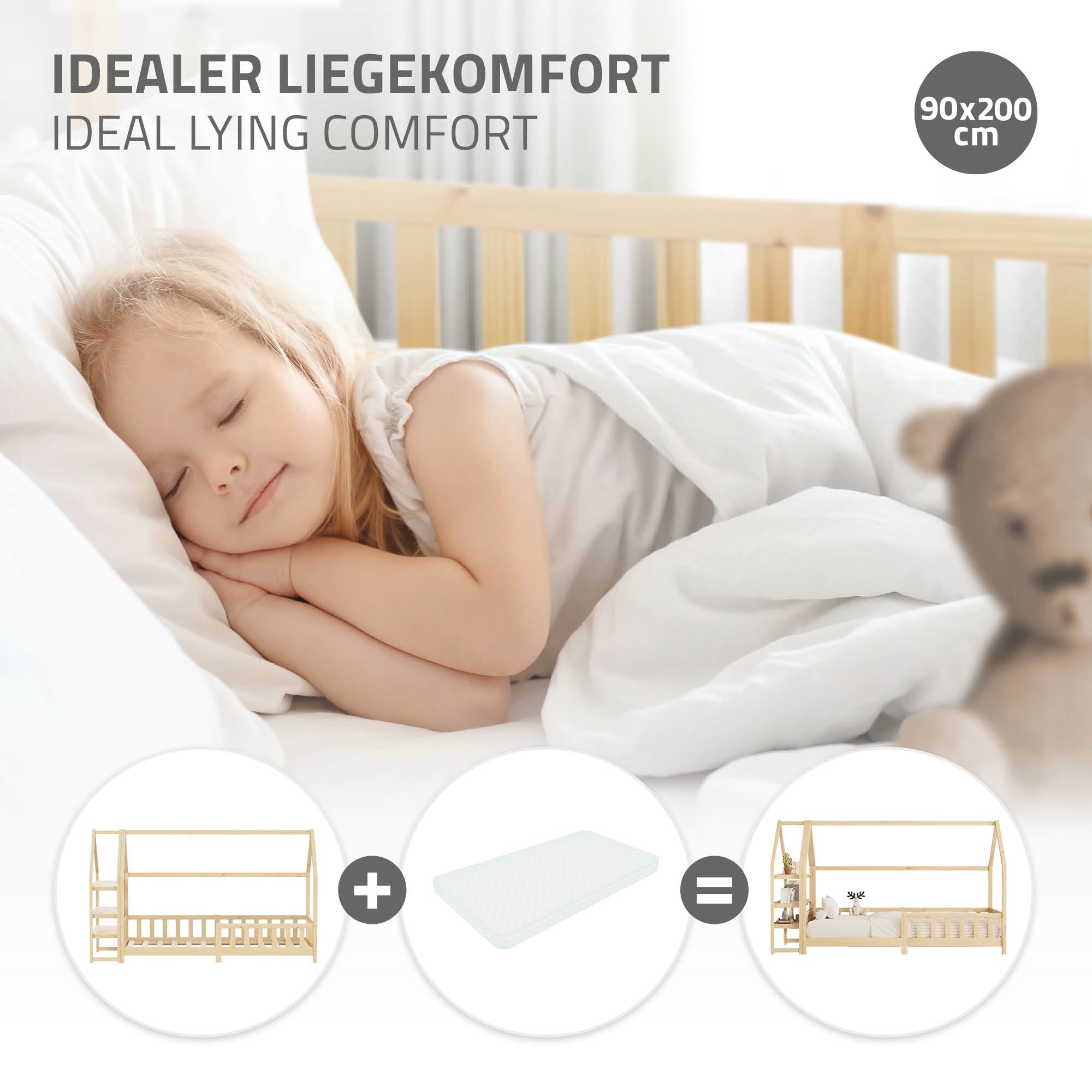 ML-Design lit cabane enfant pin 90x200 barrière étagère sommier