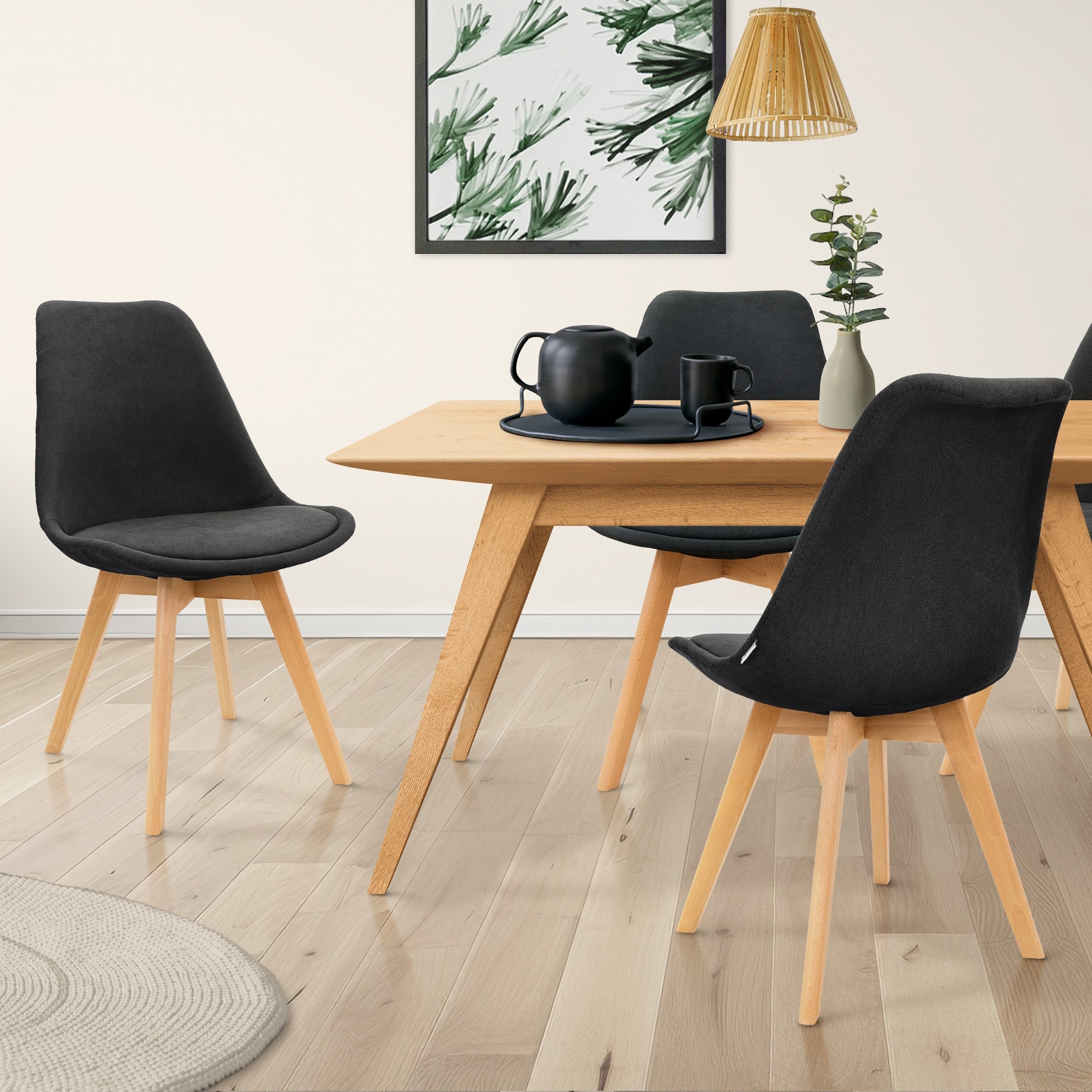 ECD Germany ML-Design lot 4 chaise salle à manger noir lin pieds bois