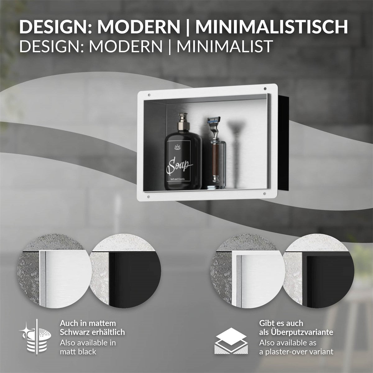 ECD Germany LuxeBath niche douche inox noire 30x30x10 cm