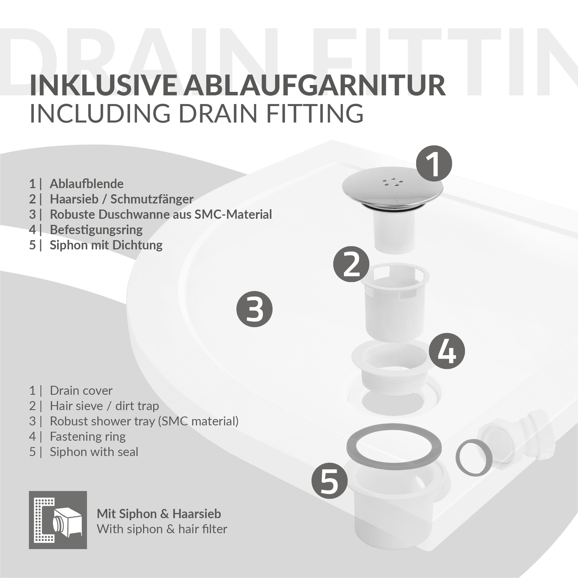 ECD Germany LuxeBath 90x90 receveur de douche blanc rond SMC
