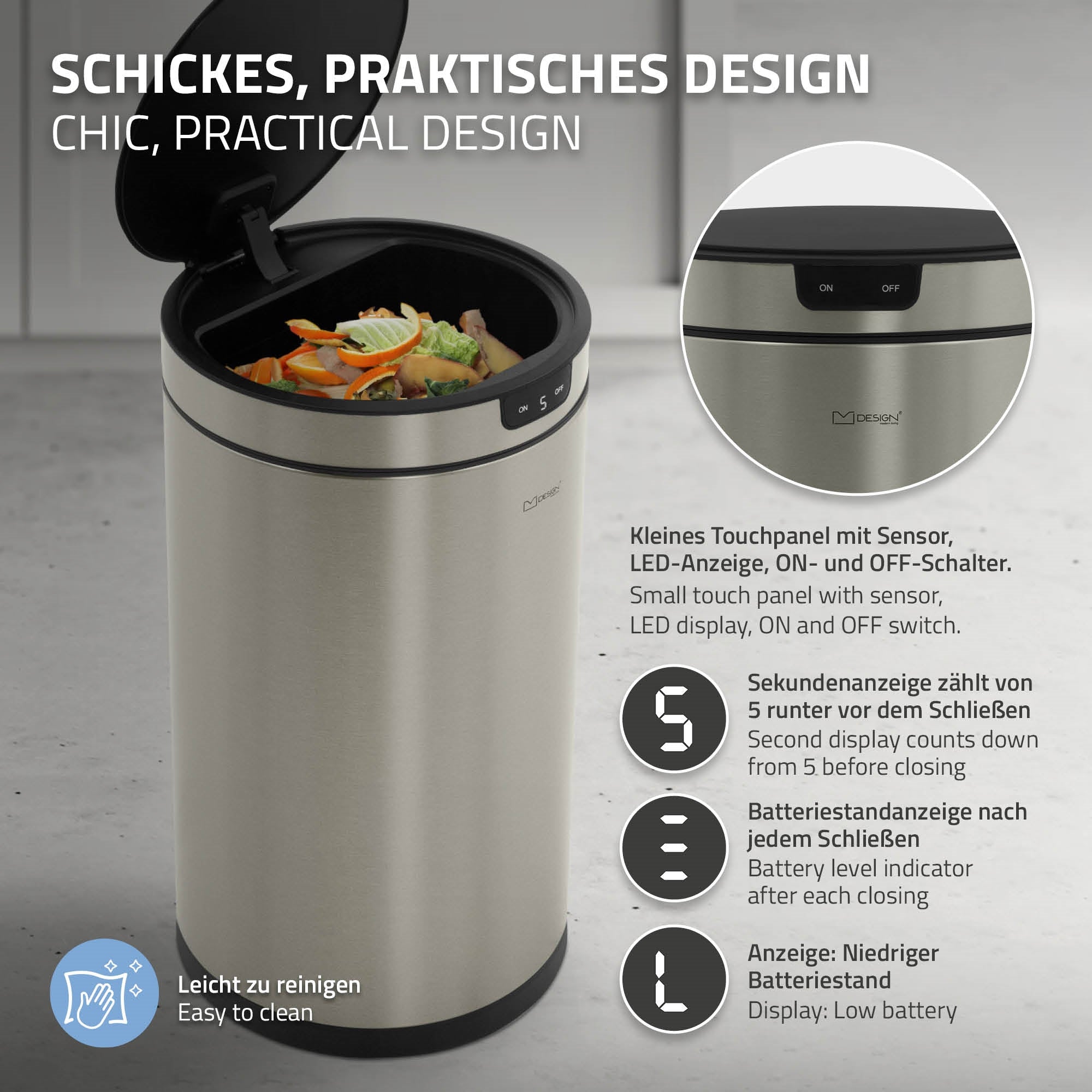 ECD Germany Möbel Poubelle Capteur 30L Inox Argent Sans Contact