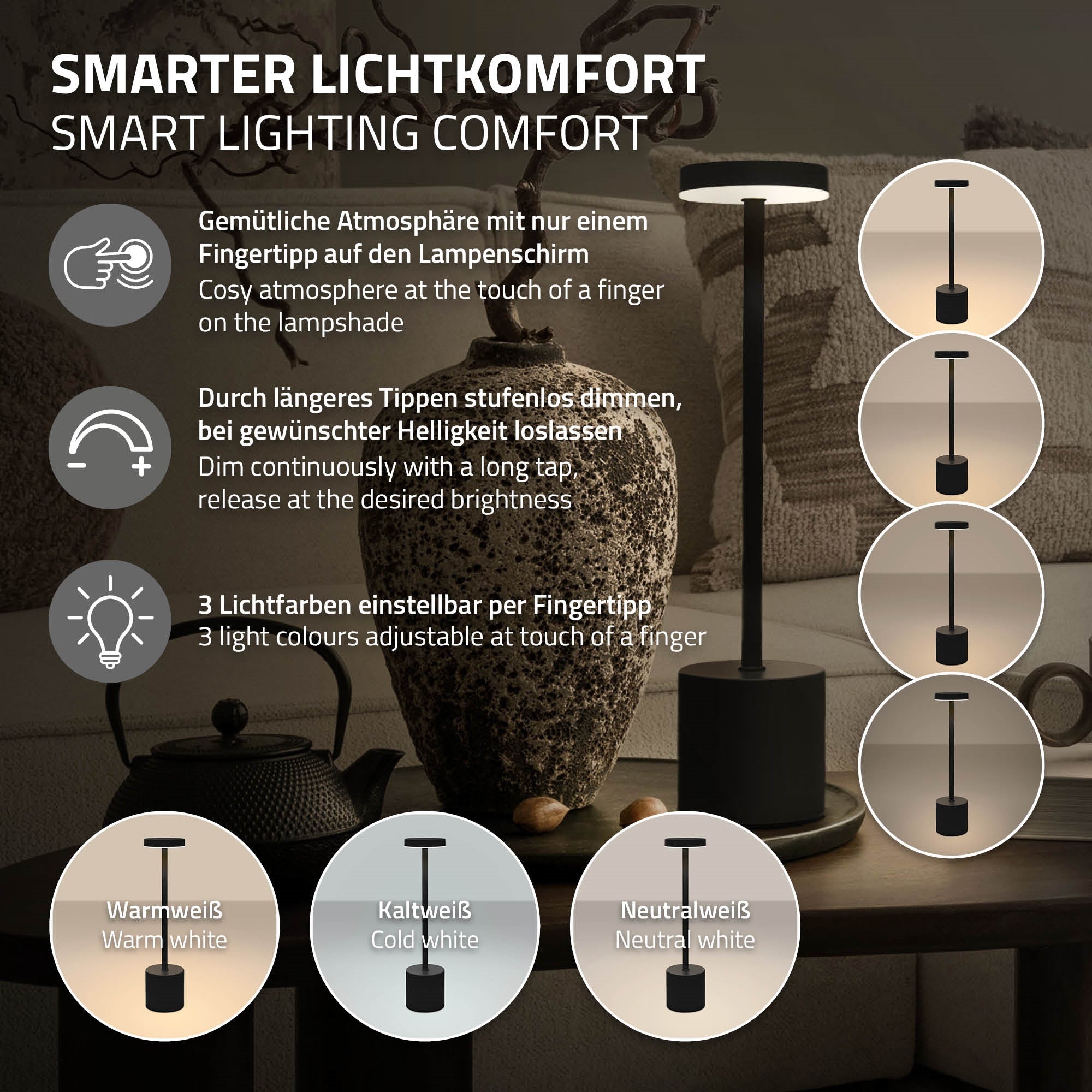 ECD Germany Möbel lampe table tactile crème LED USB-C