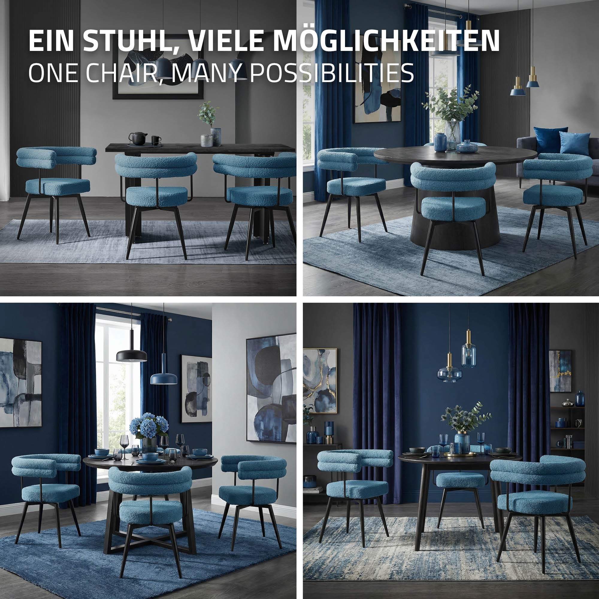 ECD Germany Möbel Chaise salle à manger bleu lot 4 teddy