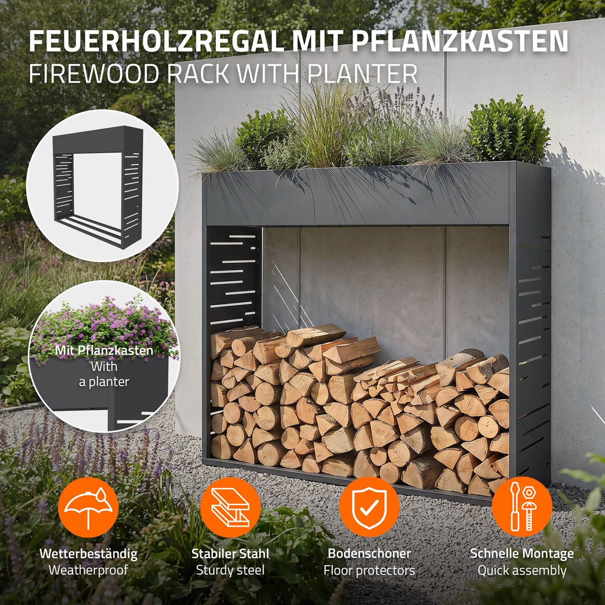 ECD Germany Garten porte-bûches 112x111 cm anthracite avec jardinière