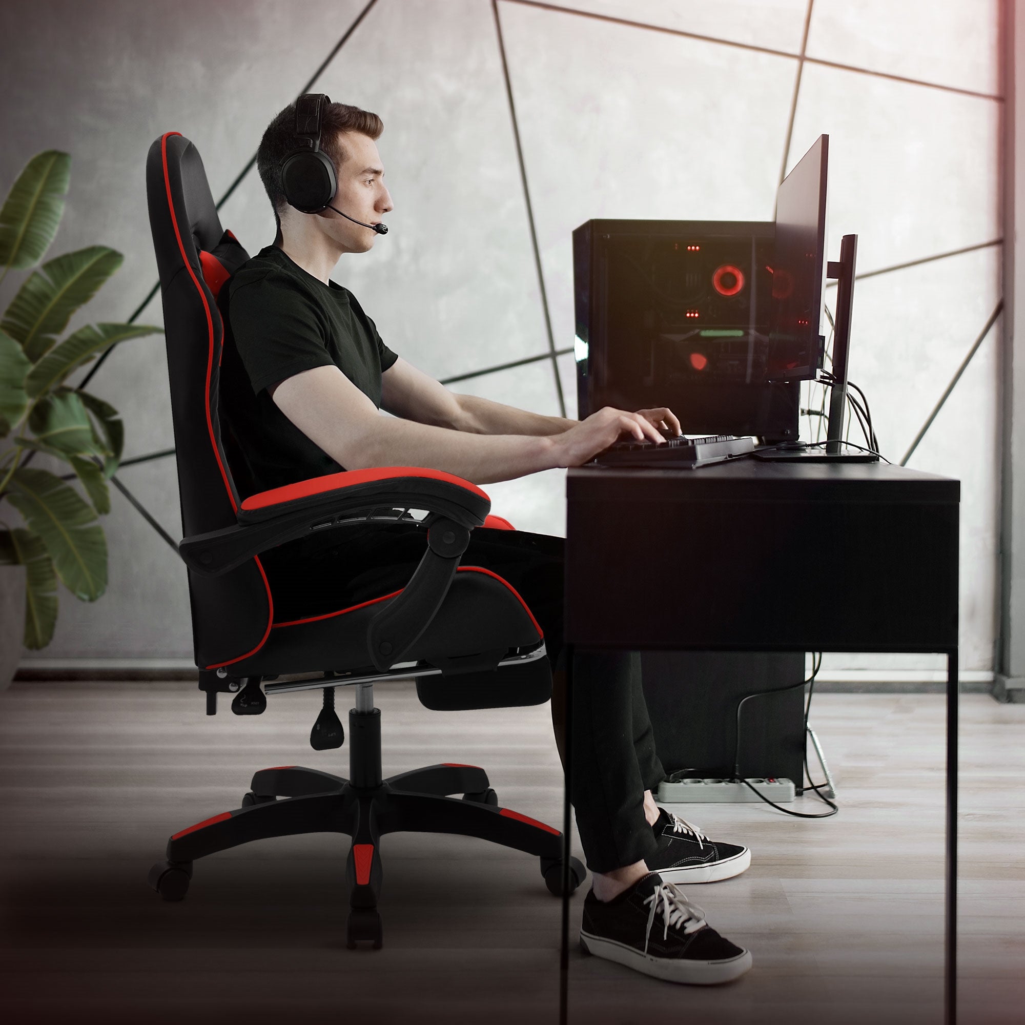 ECD Germany ML-Design chaise gaming noir-rouge similicuir