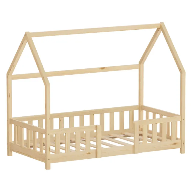 ECD Germany Kinder lit cabane 80x160 pin naturel barrière