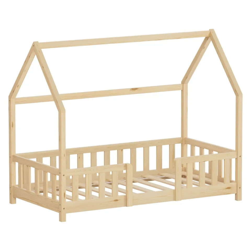 ECD Germany Kinder lit cabane 80x160 pin naturel barrière