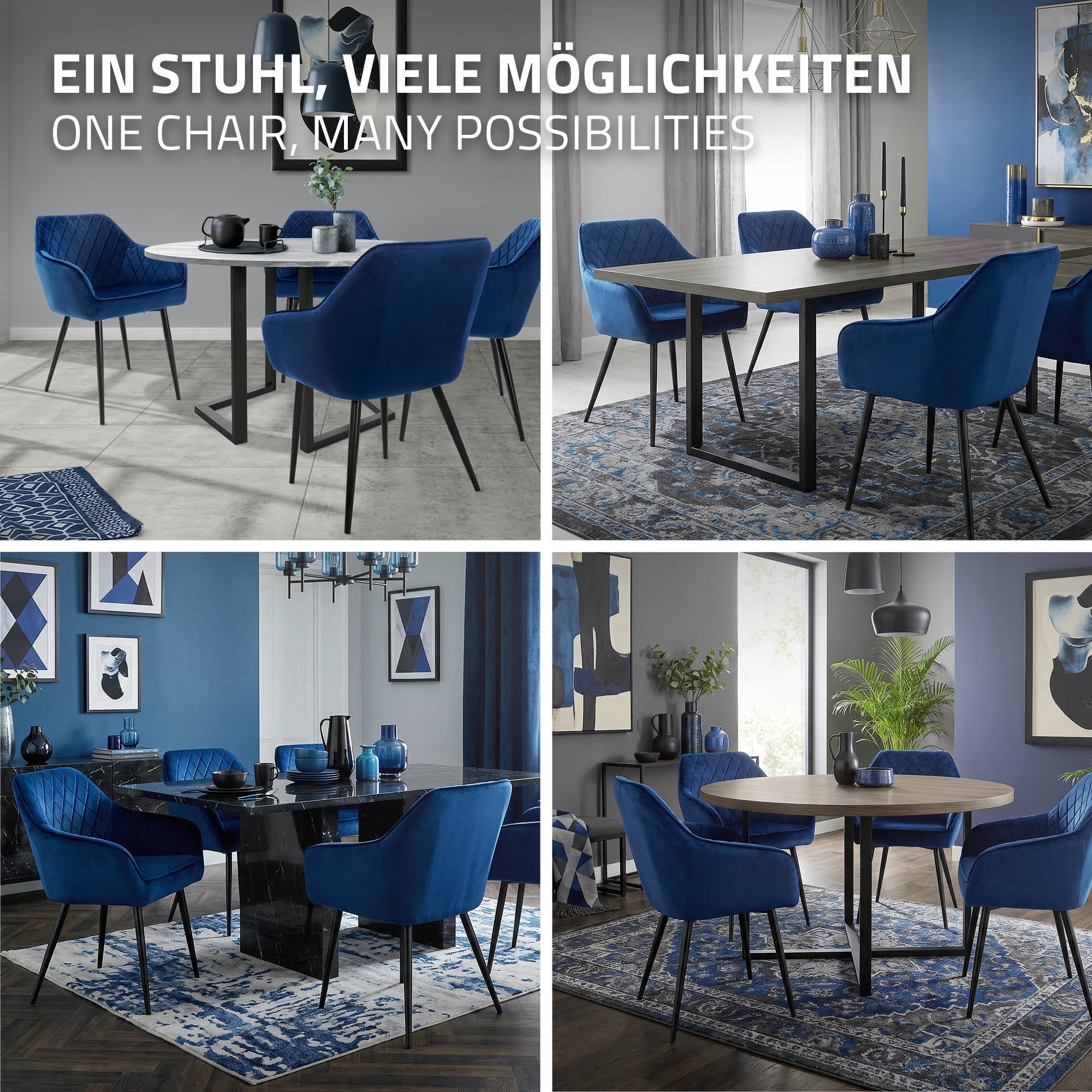 ECD Germany Möbel chaise velours bleu foncé lot de 4