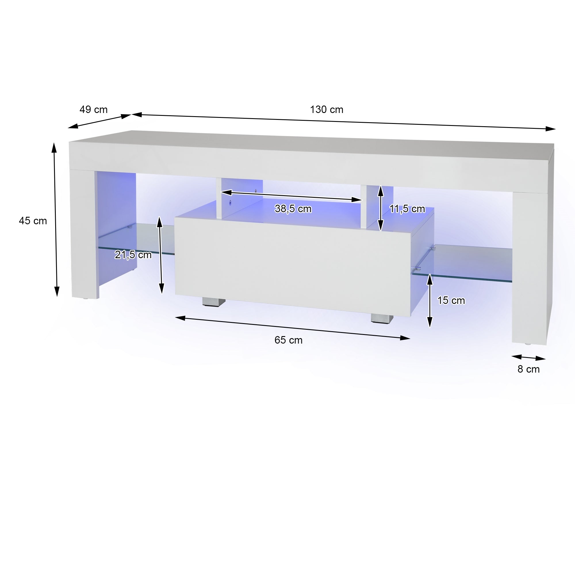ML-Design meuble TV 130x49x45 blanc LED verre téléviseur
