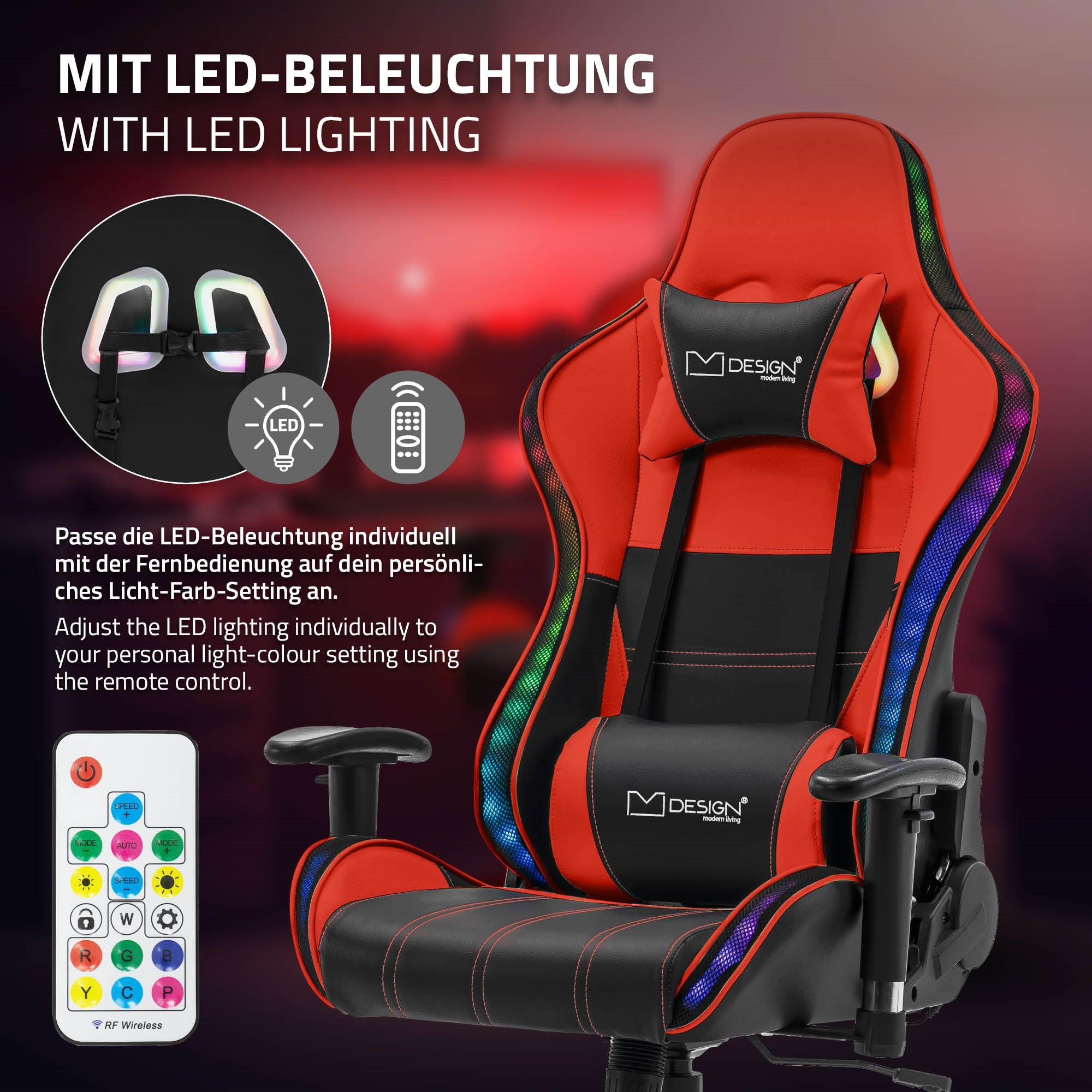 ML-Design chaise gaming similicuir noir rouge LED Bluetooth B-Ware
