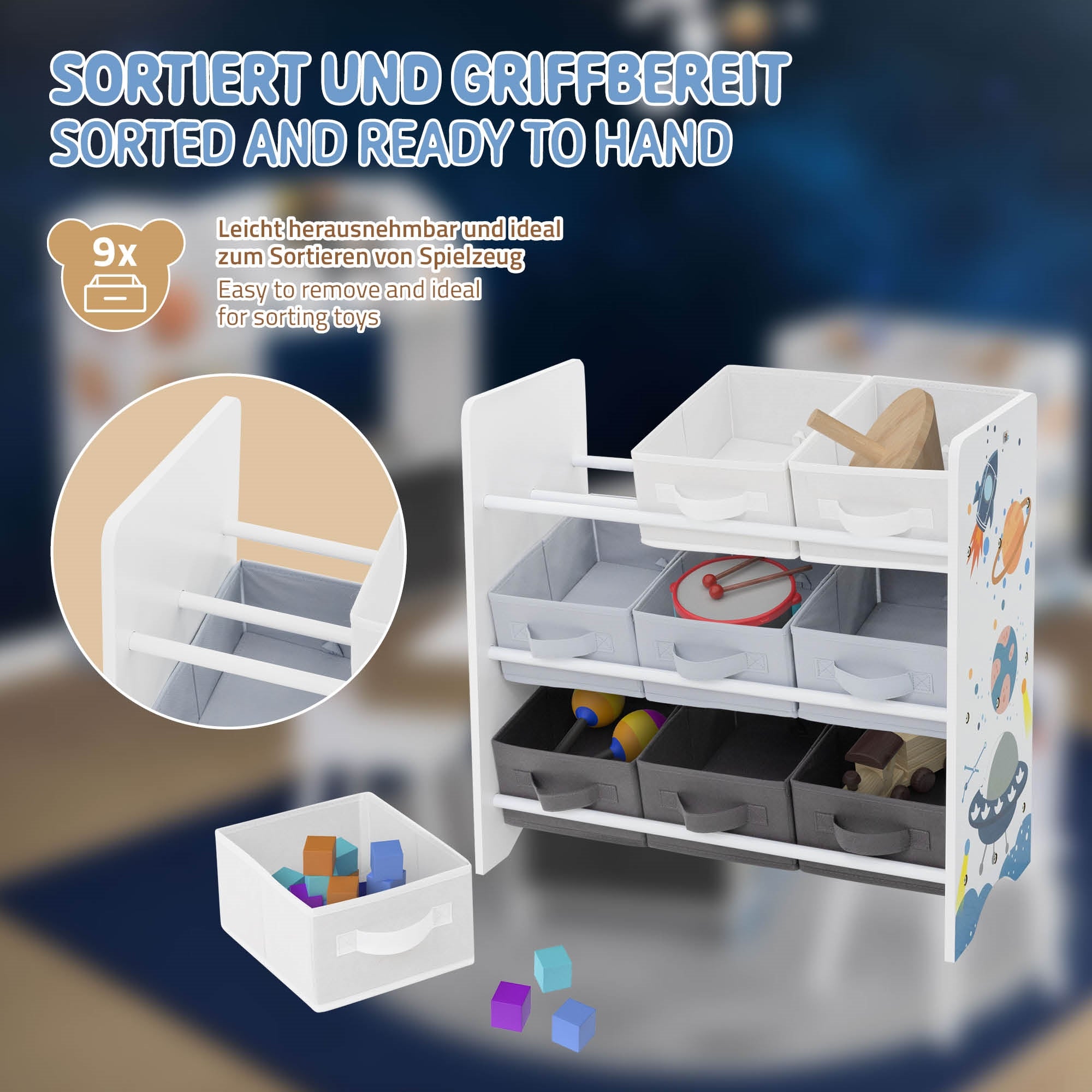 Joyz Étagère enfant espace blanc 9 bacs rangement jouets