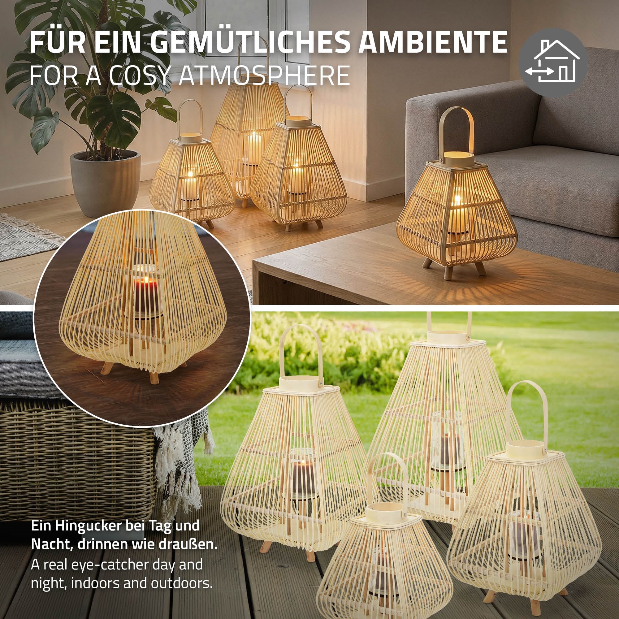 ECD Germany Garten lanterne bambou 63,5 cm + verre