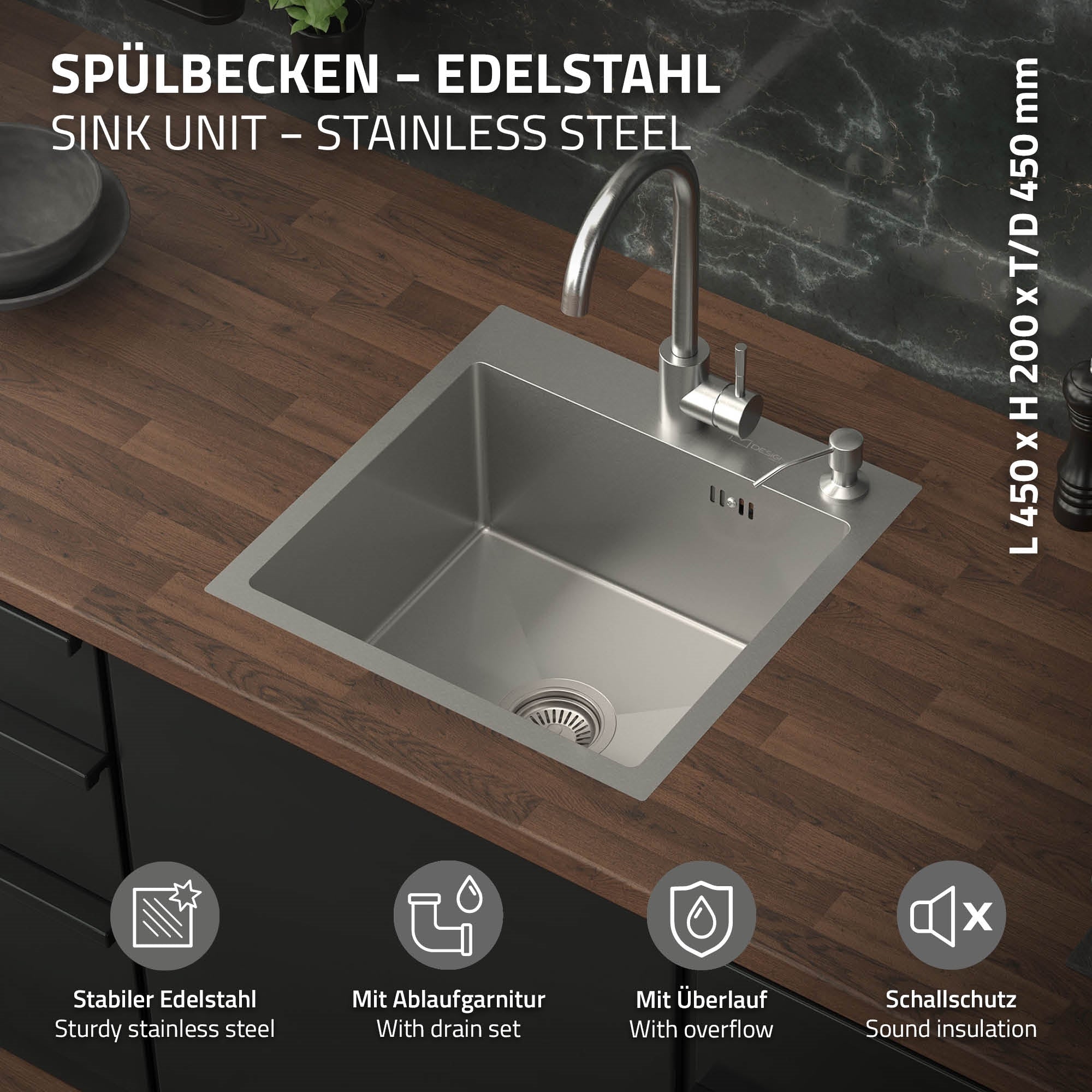 ML-Design évier inox 45x45 argenté 1 bac avec bonde