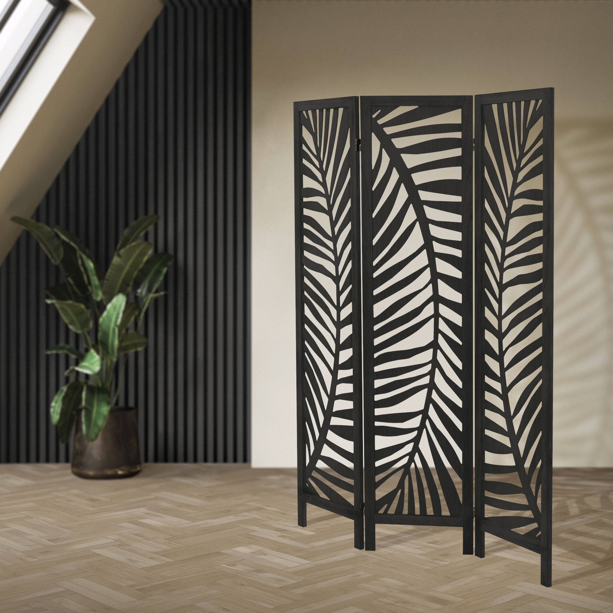 ECD Germany Fukuoka paravent 3 panneaux noir 170x121 cm bois