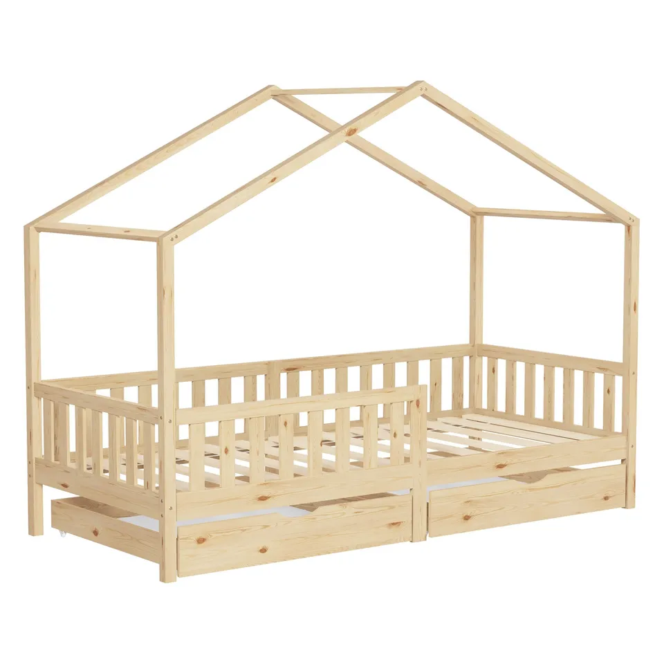 ECD Germany Lit cabane enfant nature 90x200 + 2 tiroirs