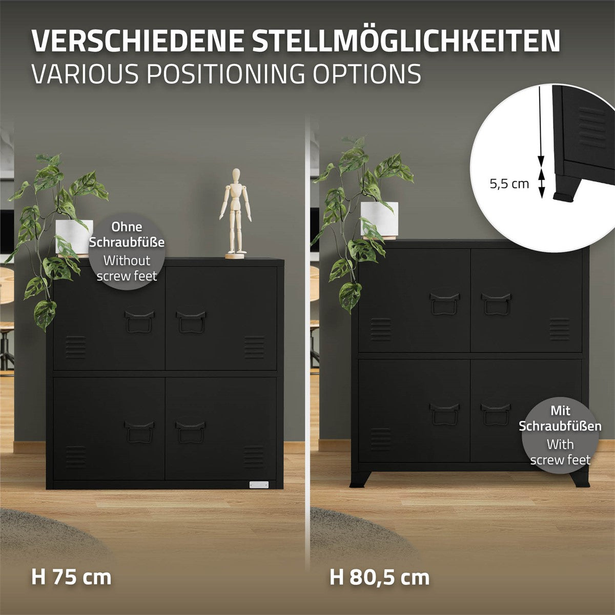 ECD Germany ML-Design armoire bureau acier noir 75x40 cm