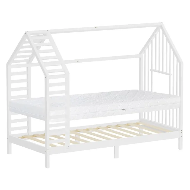 ECD Germany Kinder lit cabane 90x200 blanc avec matelas pin