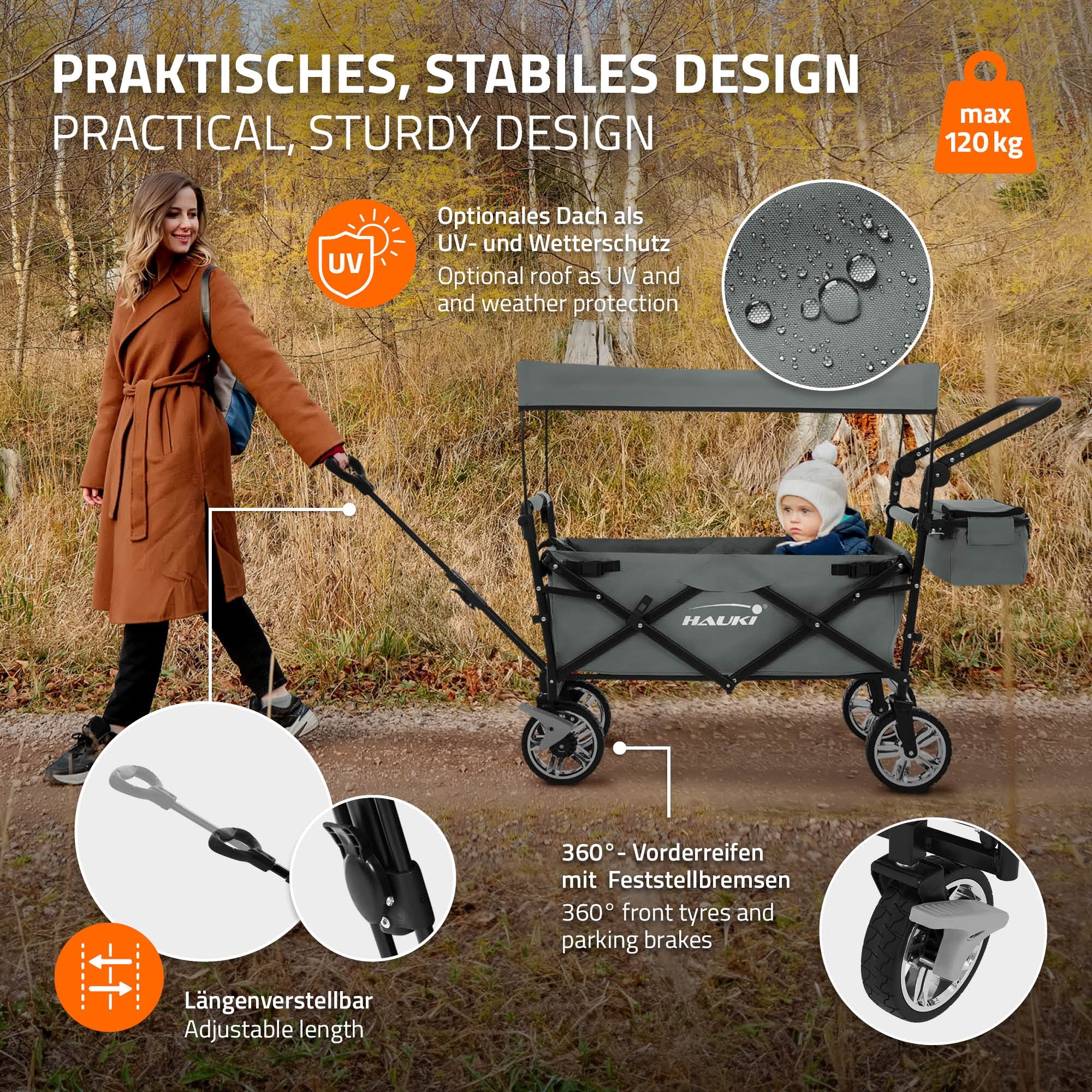 ECD Germany Garten chariot pliable XXL gris toit 120 kg