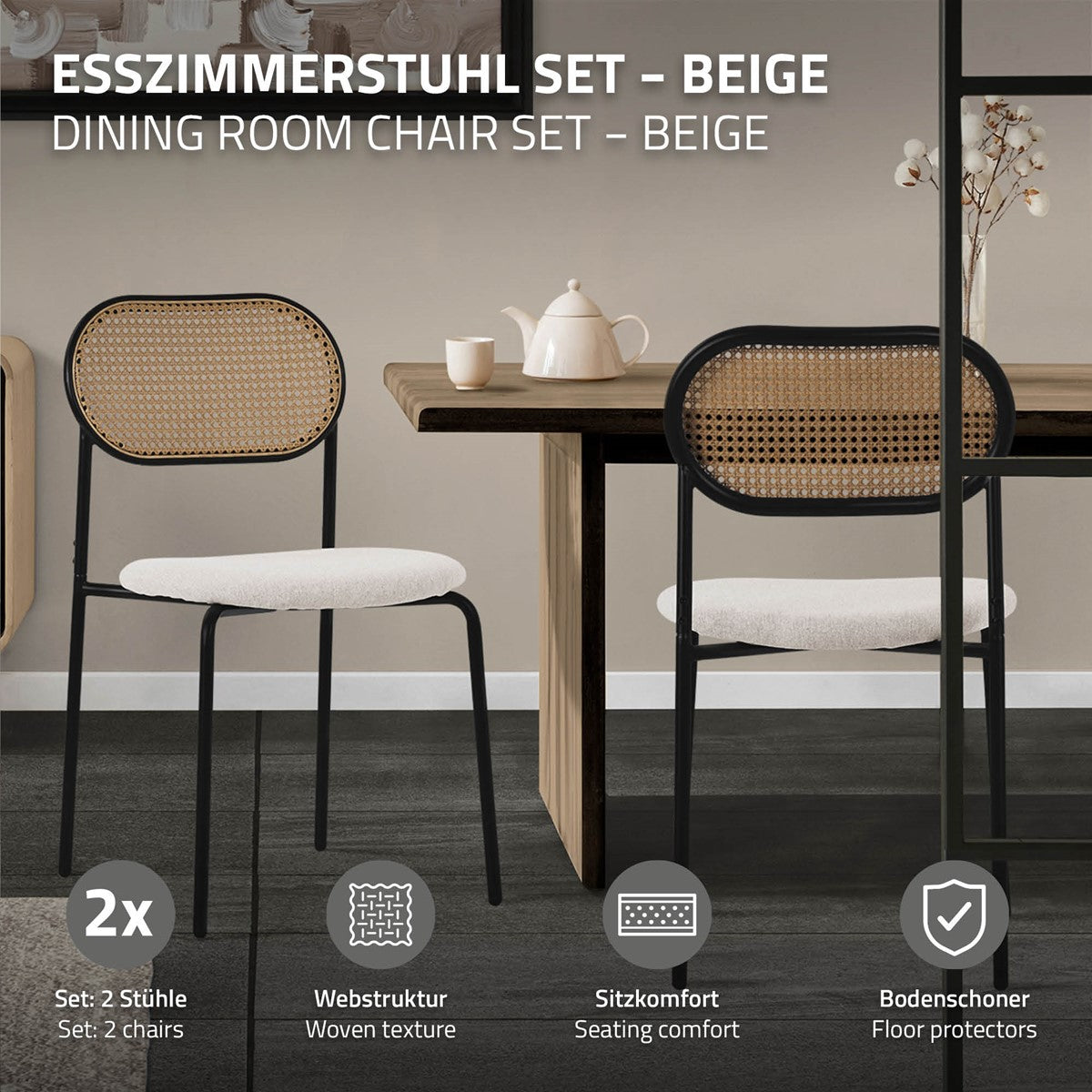 ECD Germany ML-Design Lot 2 Chaises Salle à Manger Rotin Beige