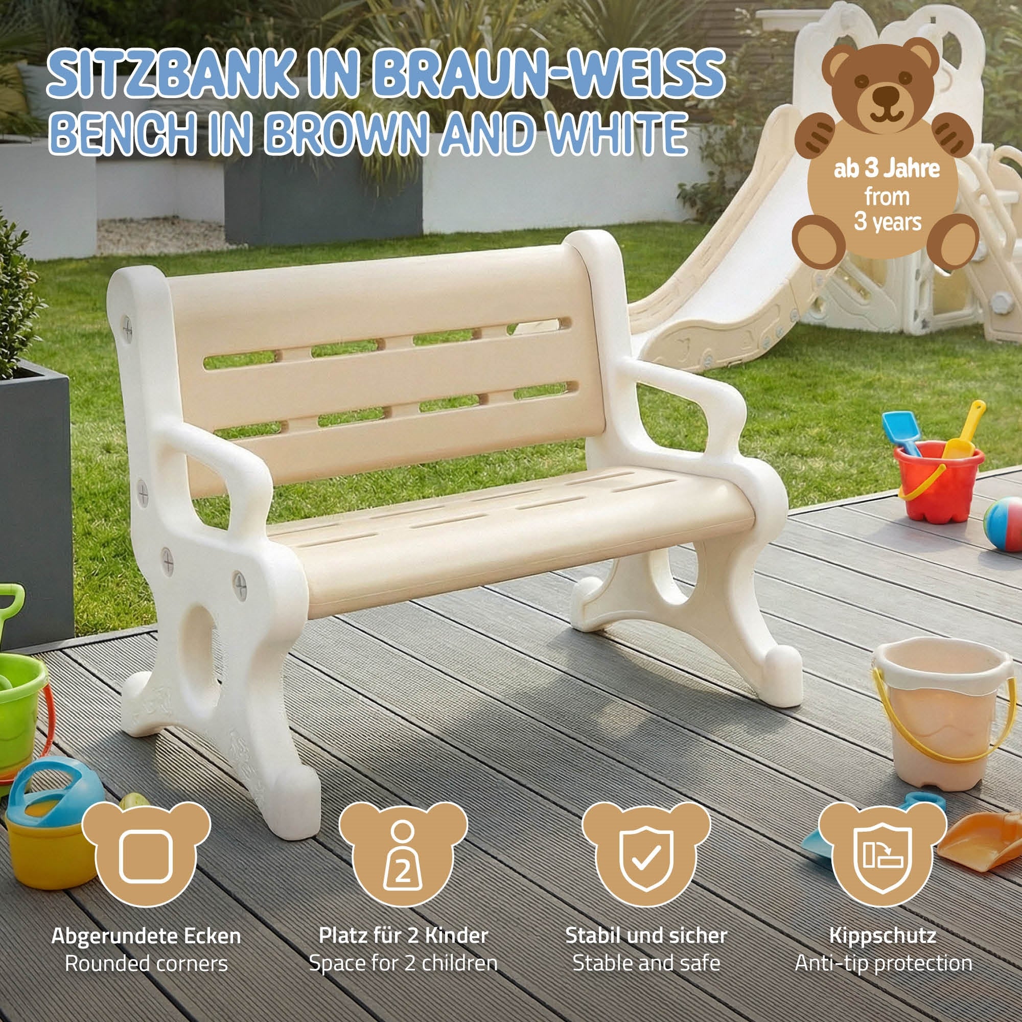 ECD Germany Joyz banc enfant plastique marron-blanc 81,5 cm