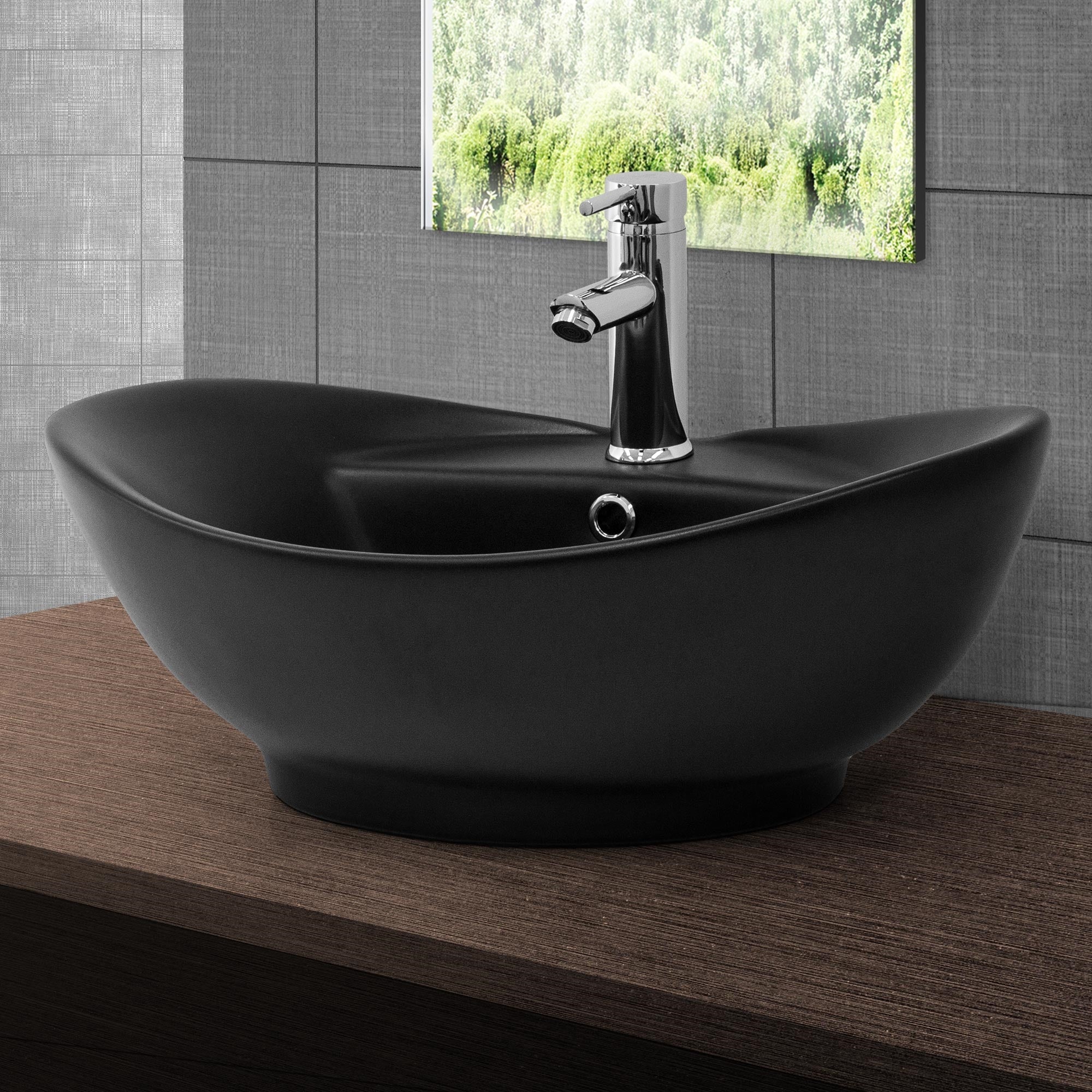 ECD Sanitär LuxeBath Vasque à Poser Noire 59 cm Céramique + Bonde