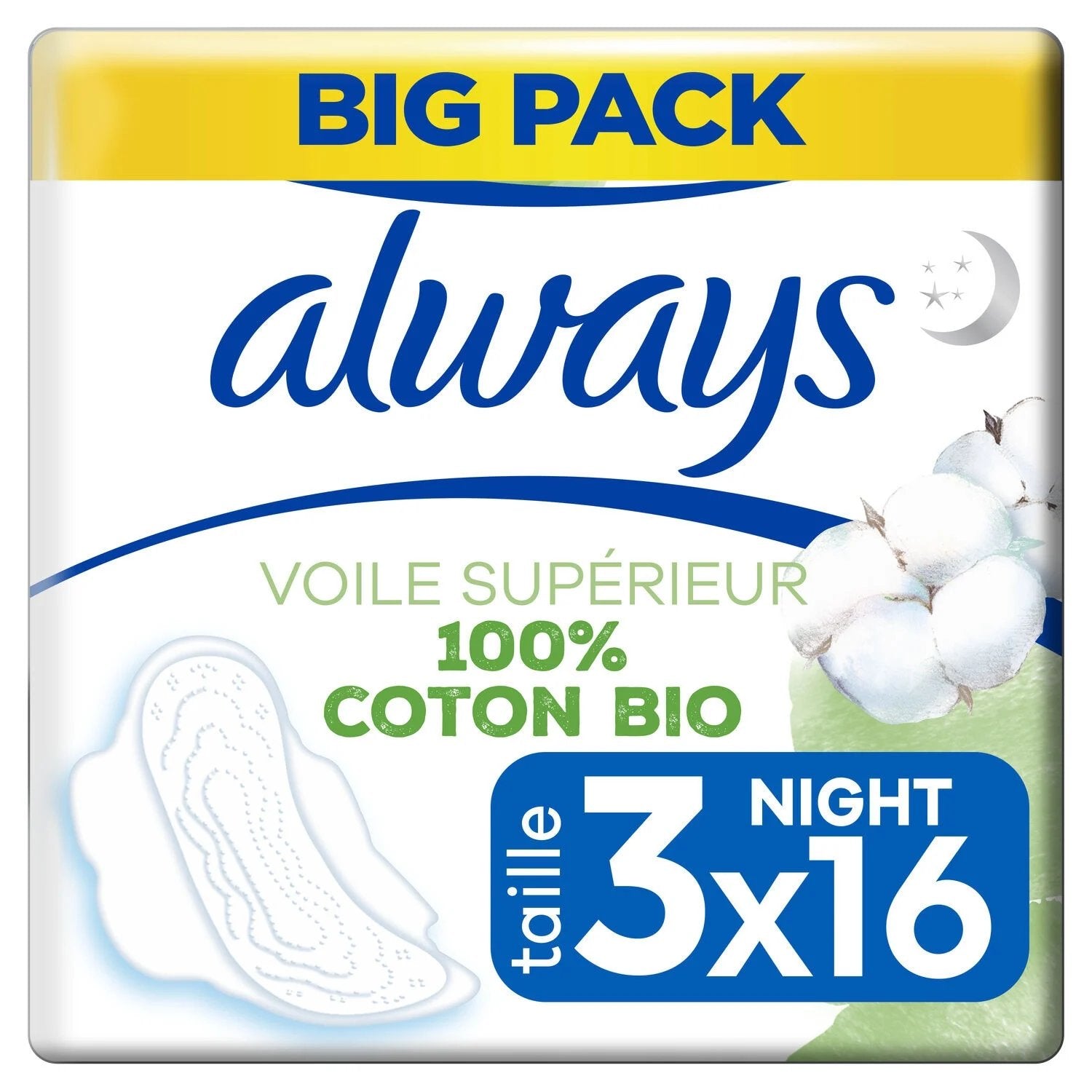 Always Coton Bio Night T3 serviettes hygiéniques nuit 16 unités