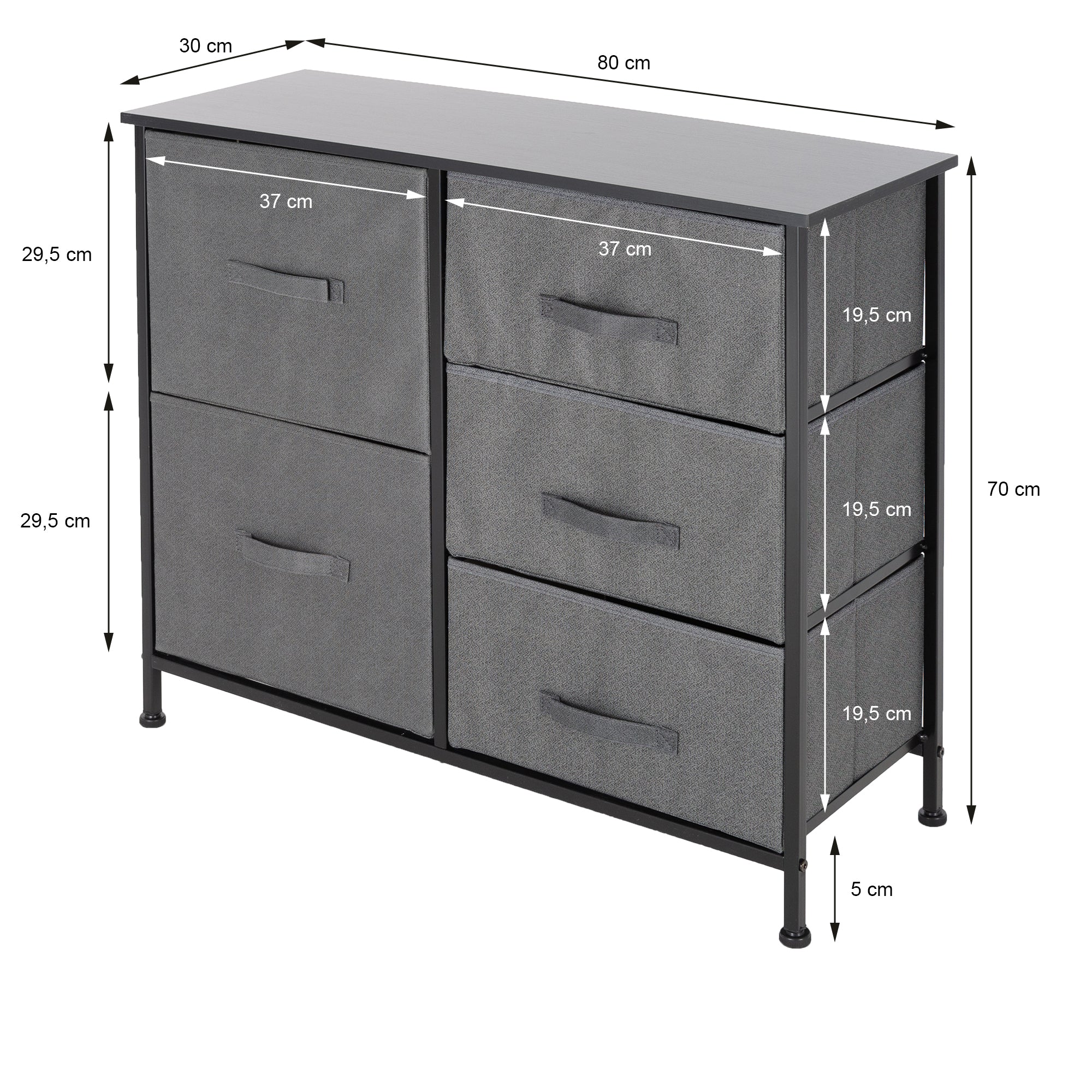 ECD Germany commode 5 tiroirs noire 80x30x70 cm MDF tissu