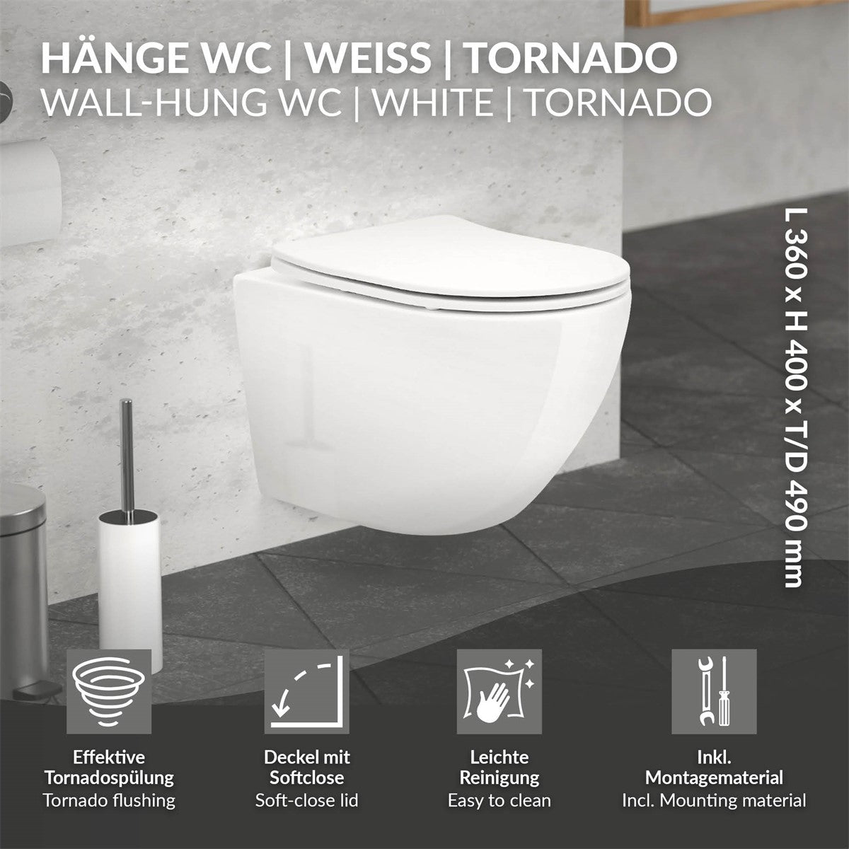 ECD Germany Luxebath WC suspendu blanc long sans bride céramique