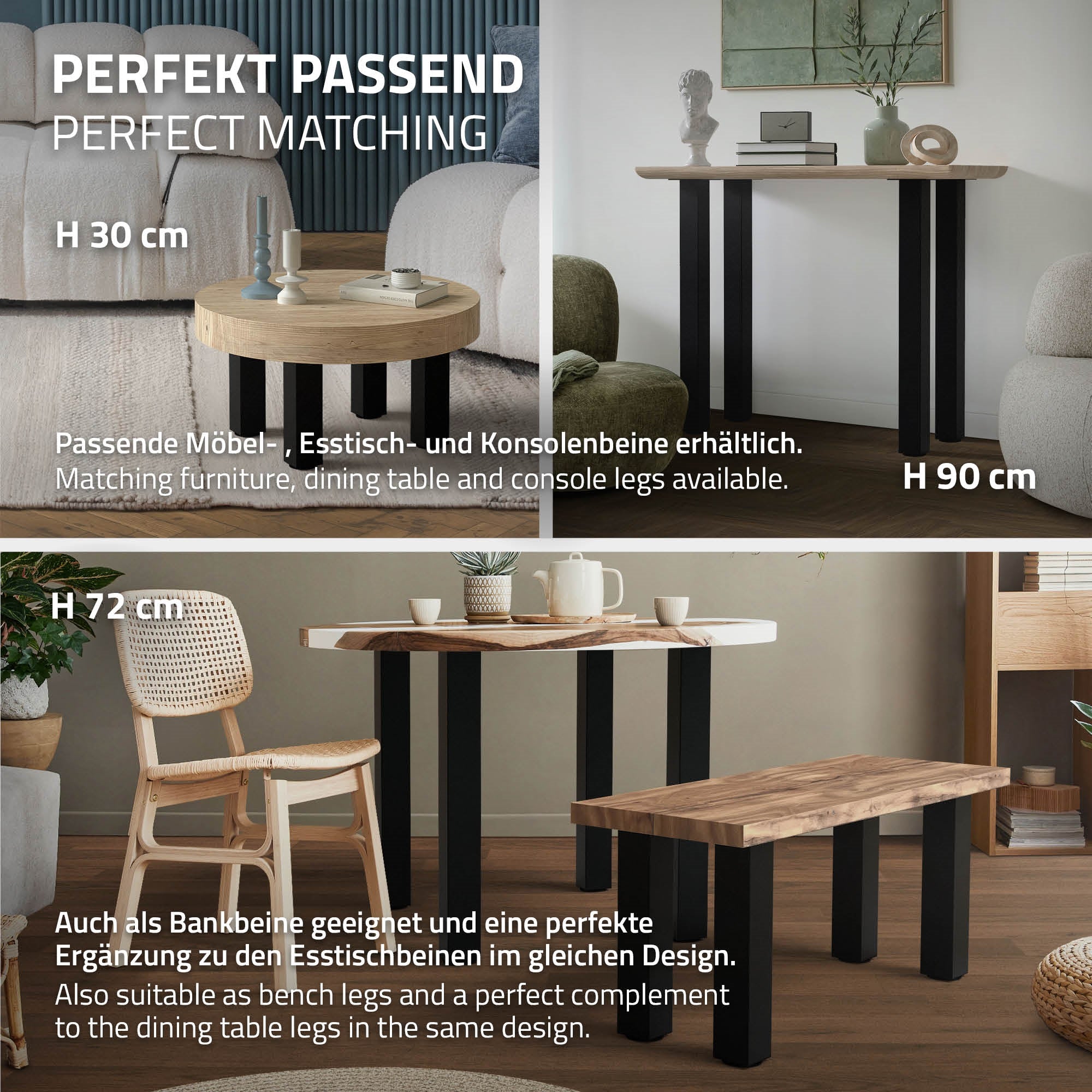 ECD Germany Möbel Pied de table acier noir 42 cm lot 4
