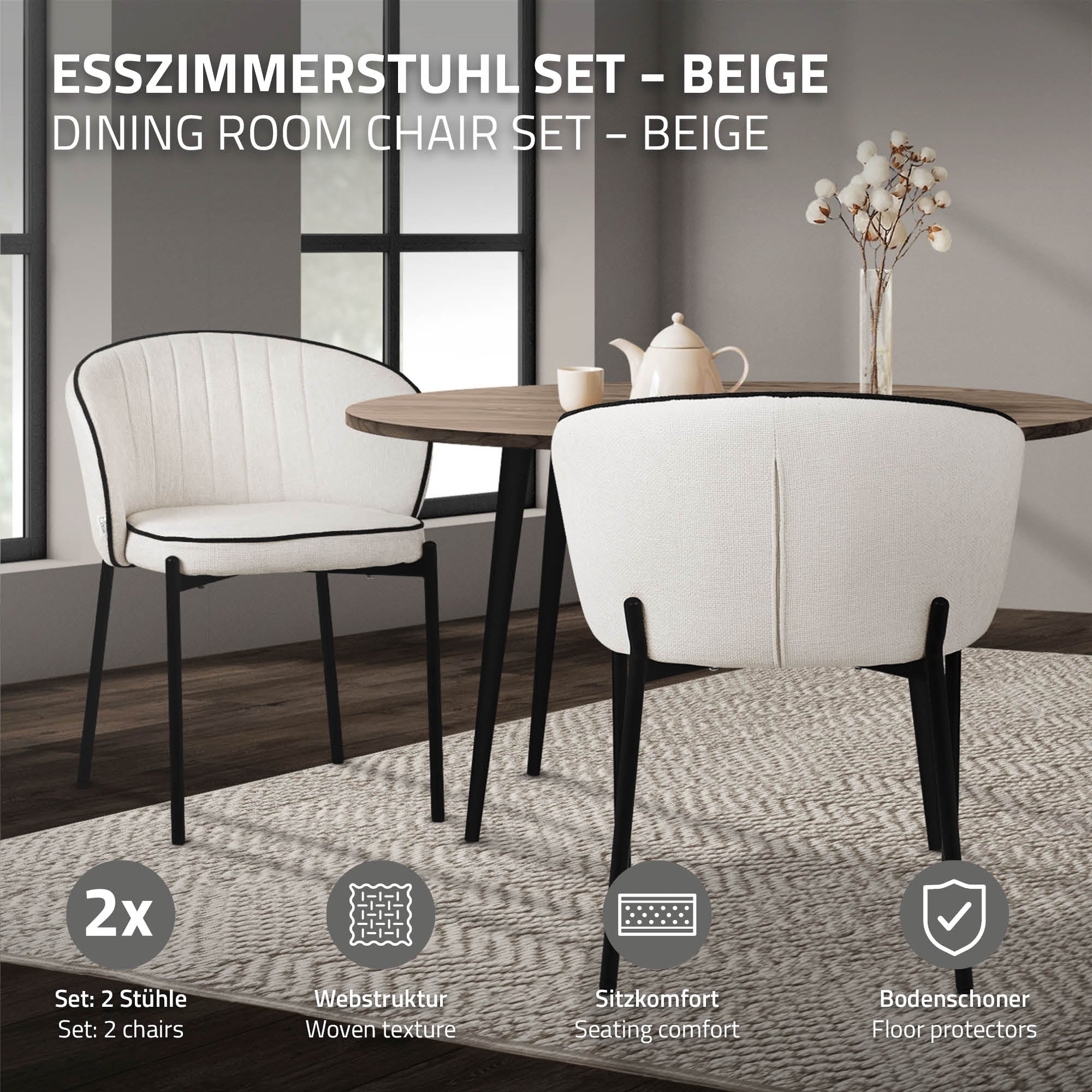 ECD Germany Möbel Lot 2 Chaises Beige Tissu Accoudoirs