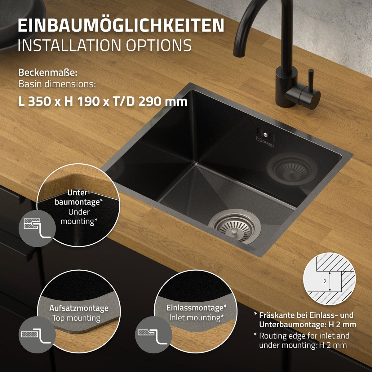 ECD Germany Sanitär évier inox 34x40 cm anthracite 1 bac