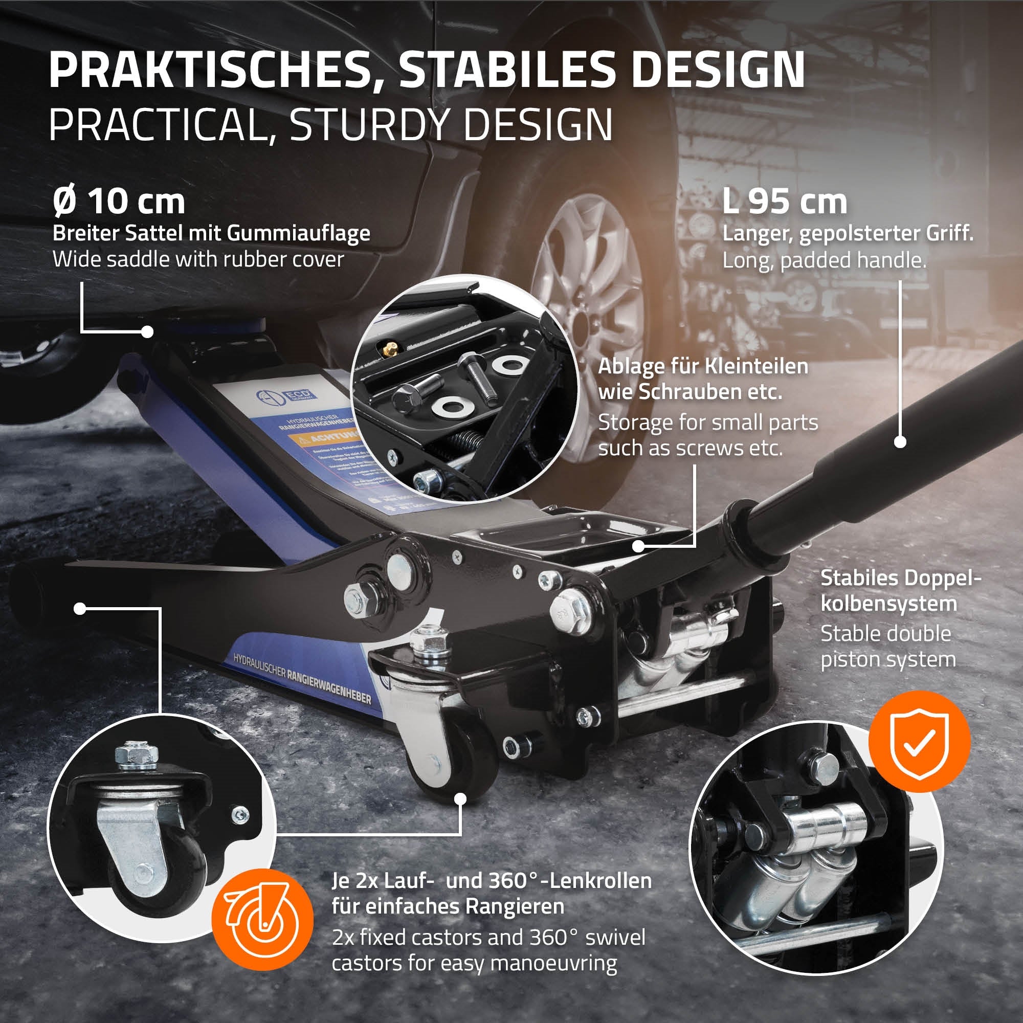 ECD Germany Cric hydraulique rouleur 3T avec gants
