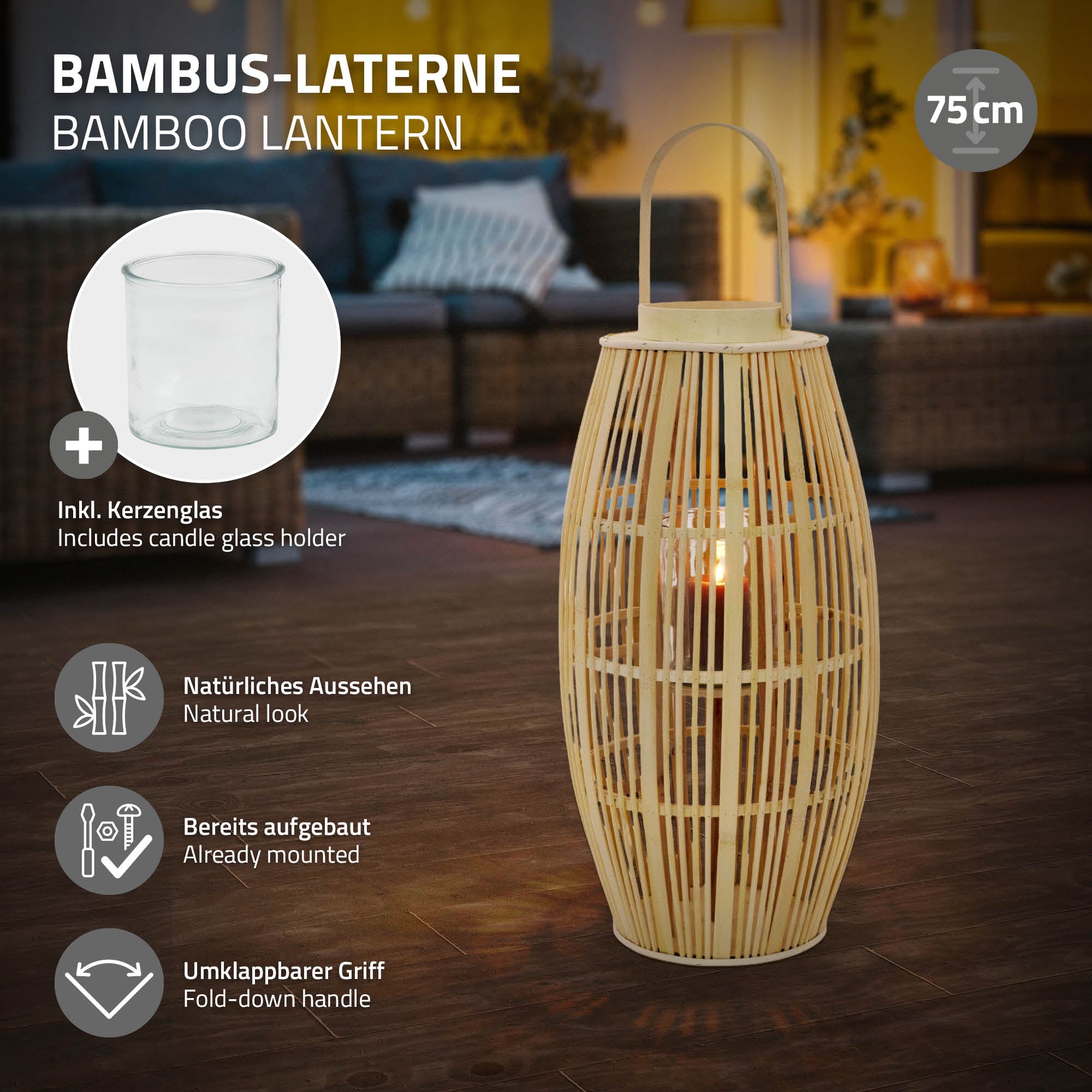 ECD Germany lanterne bambou ovale verre anse nature/gris