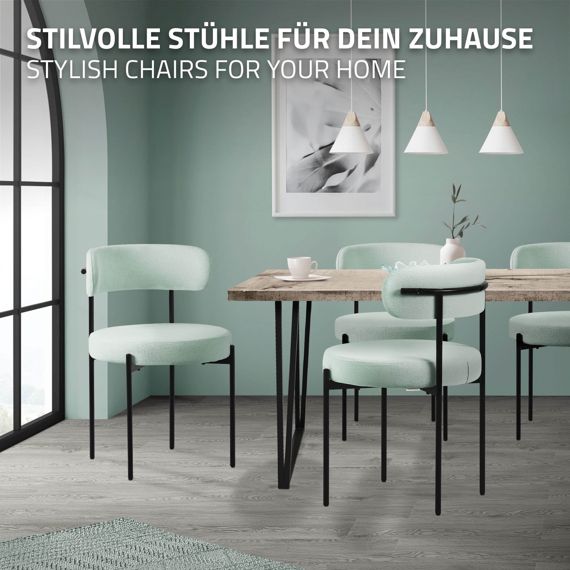 ECD Germany Möbel chaise salle à manger bouclé vert lot de 2