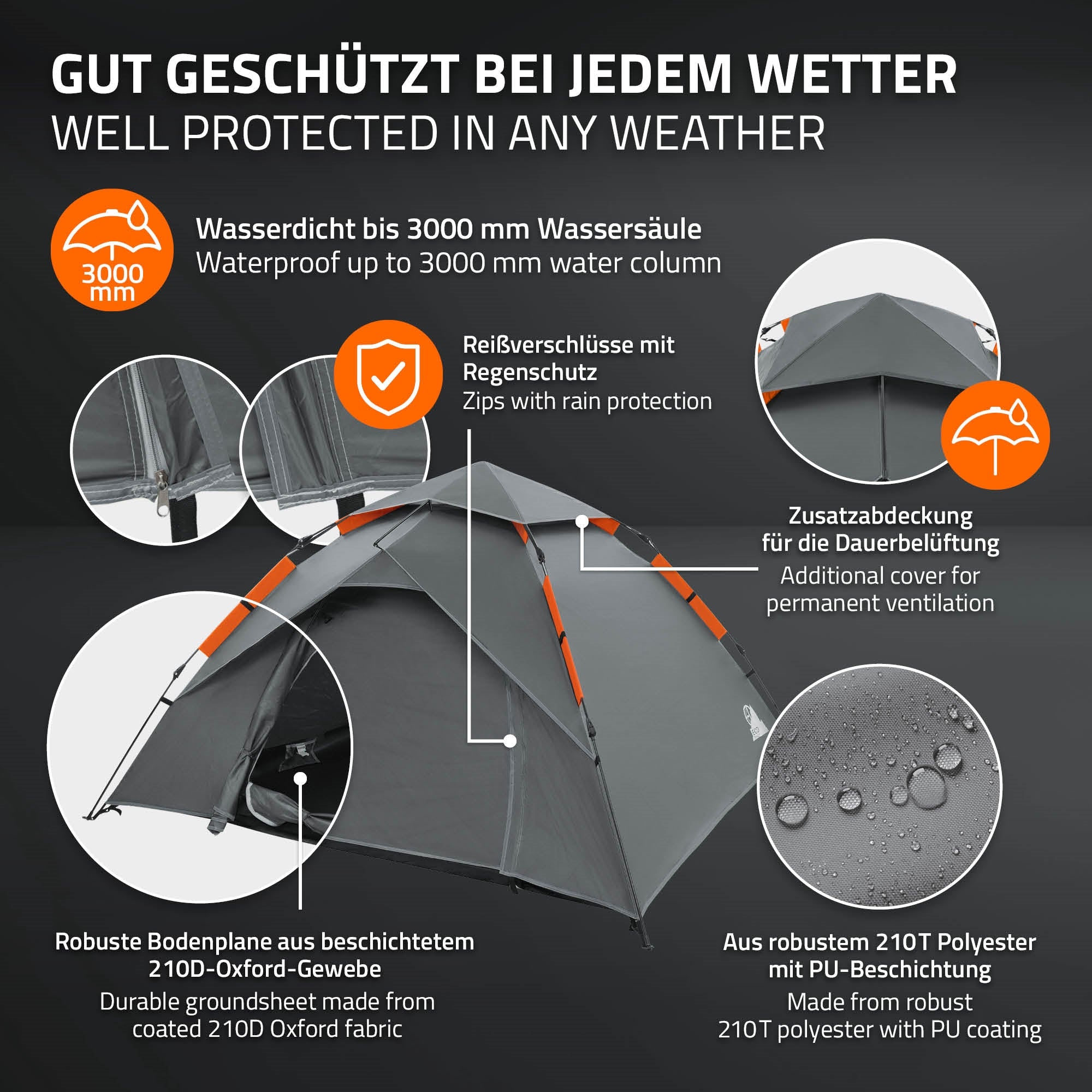 ECD Germany Tente pop-up camping 4 personnes grise double paroi