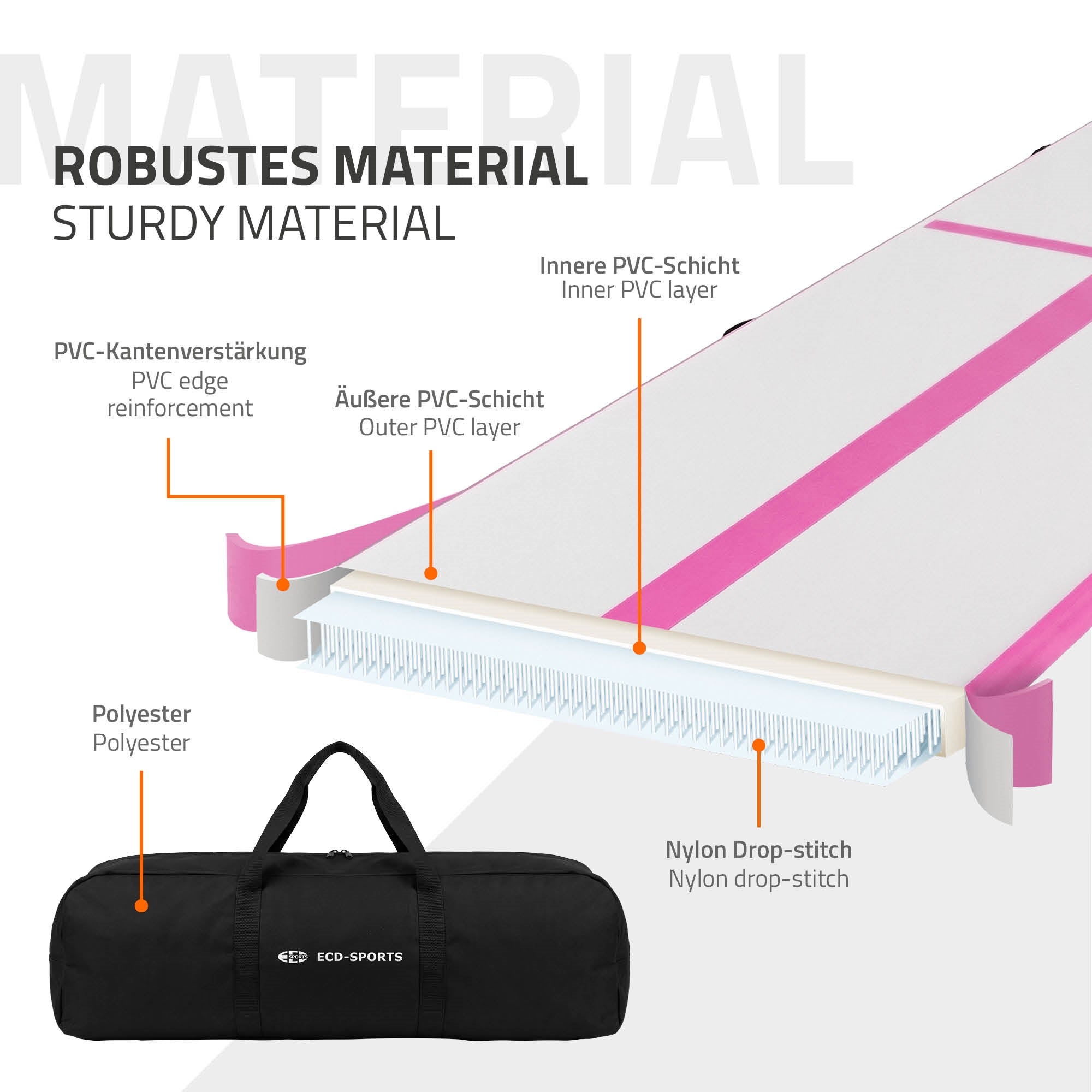 ECD Germany Airtrack tapis gym gonflable rose 500x100x10 cm