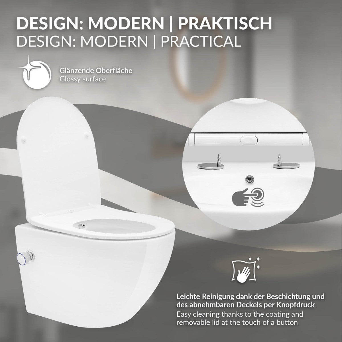 ECD Germany Sanitär WC suspendu court blanc sans bride avec bidet