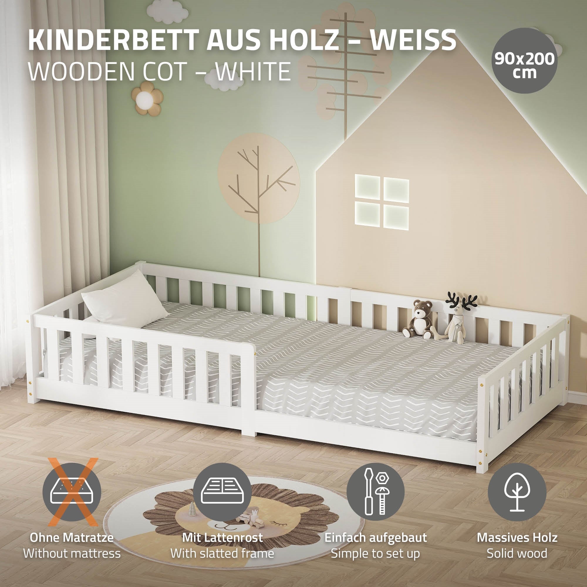 ECD Germany Kinder lit enfant 90x200 blanc barrière pin