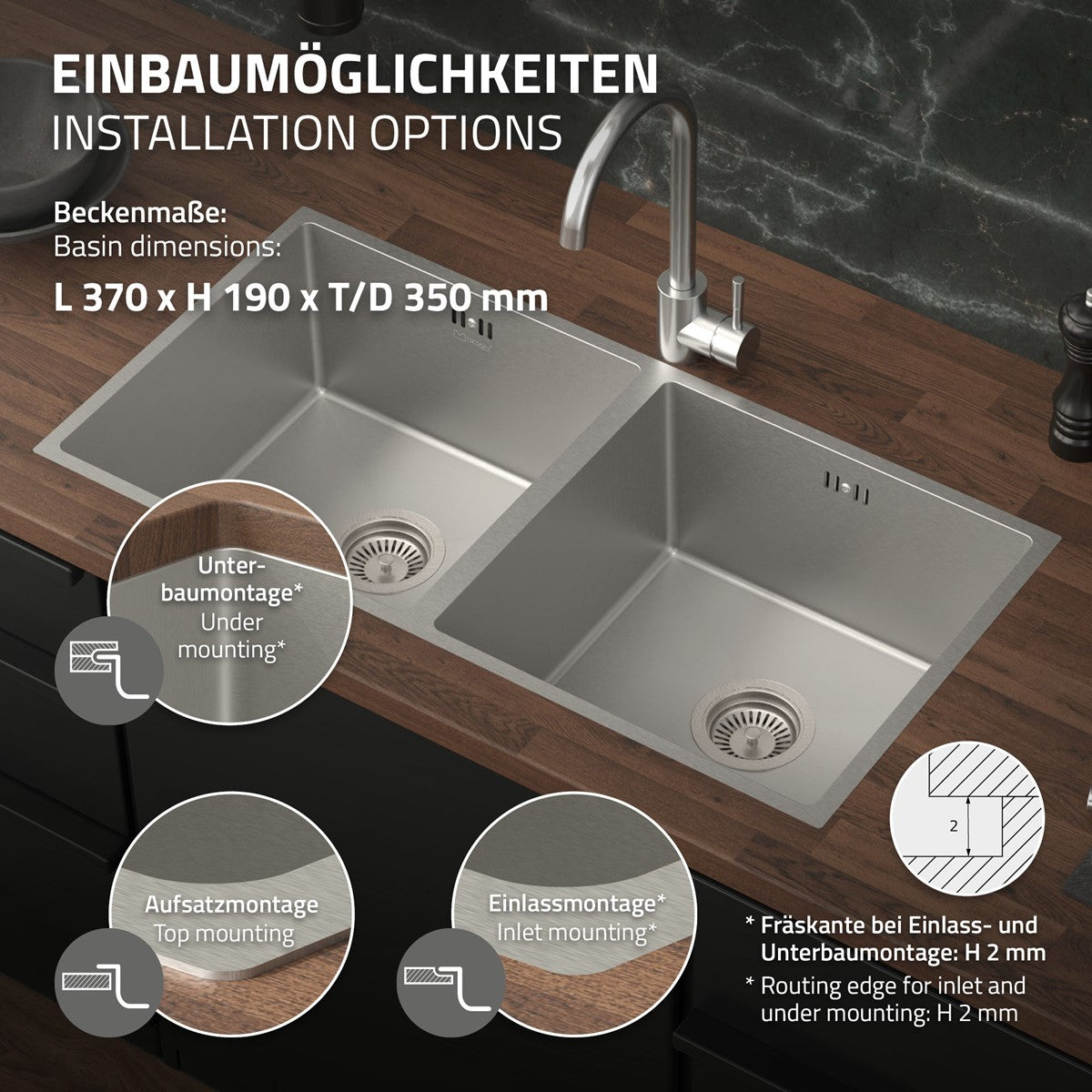ECD Germany évier cuisine inox 81,5x40 double bac argent