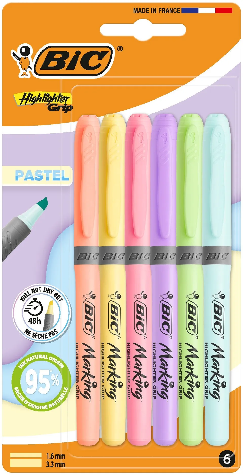 Bic lot 6 surligneurs pastel feutre pointe biseautée
