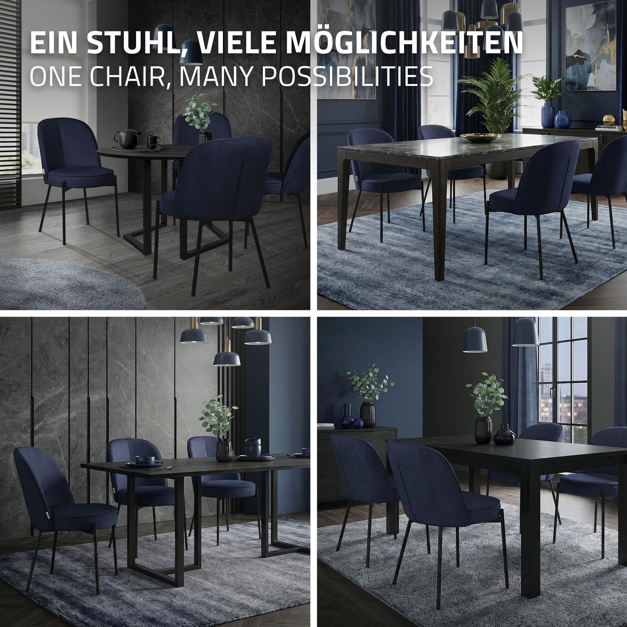 ECD Germany Möbel chaise salle à manger bleu foncé tissu lot de 2