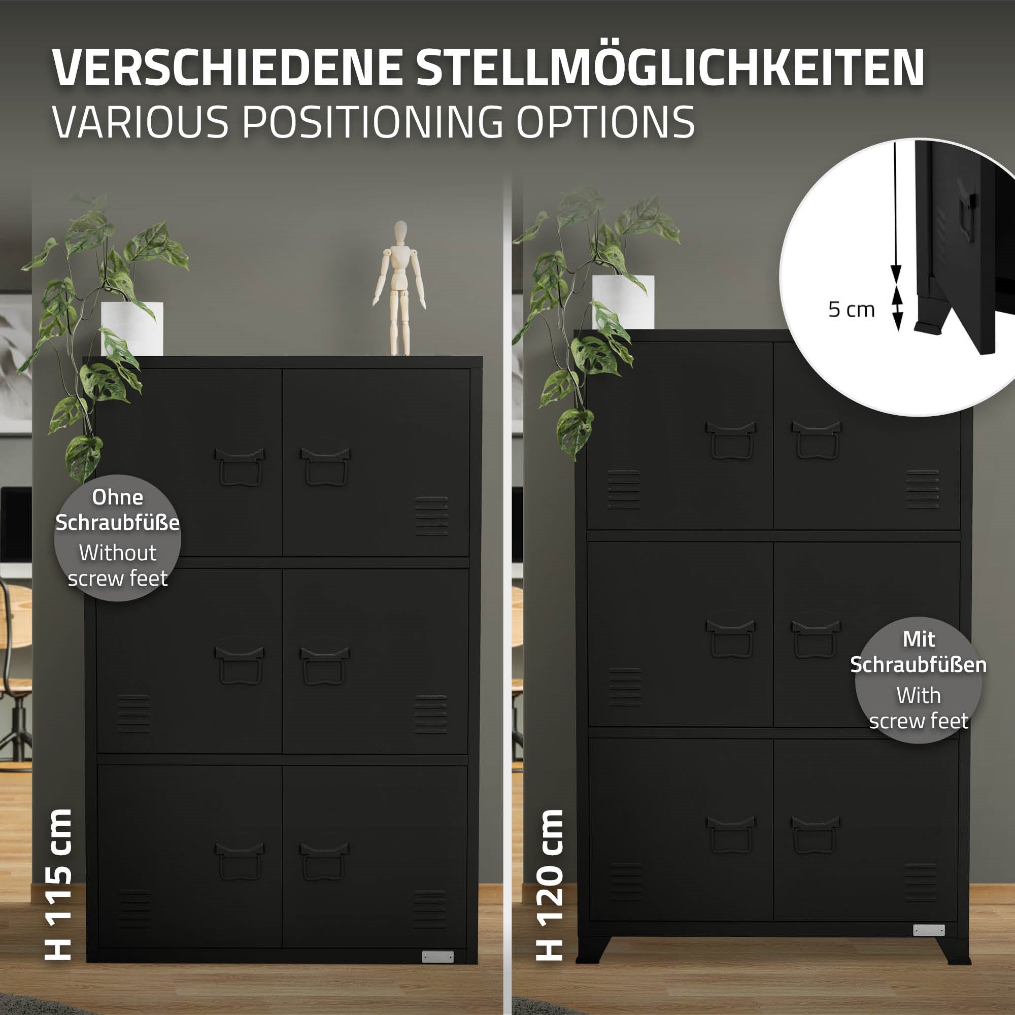 ECD Germany Werkstatt & Werkzeuge Armoire bureau acier noir 75x40x120 cm