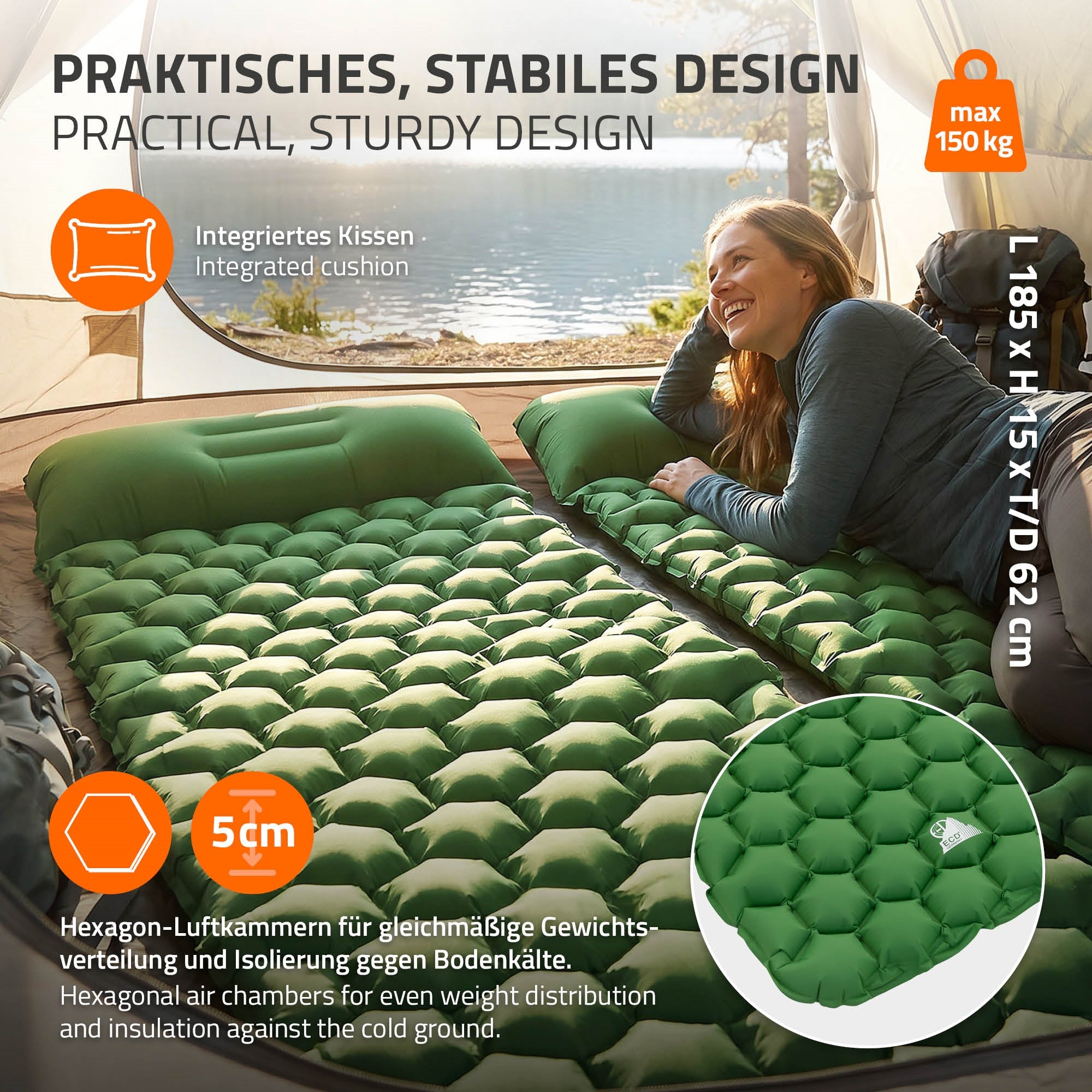 ECD Germany matelas camping gonflable vert oreiller 150 kg