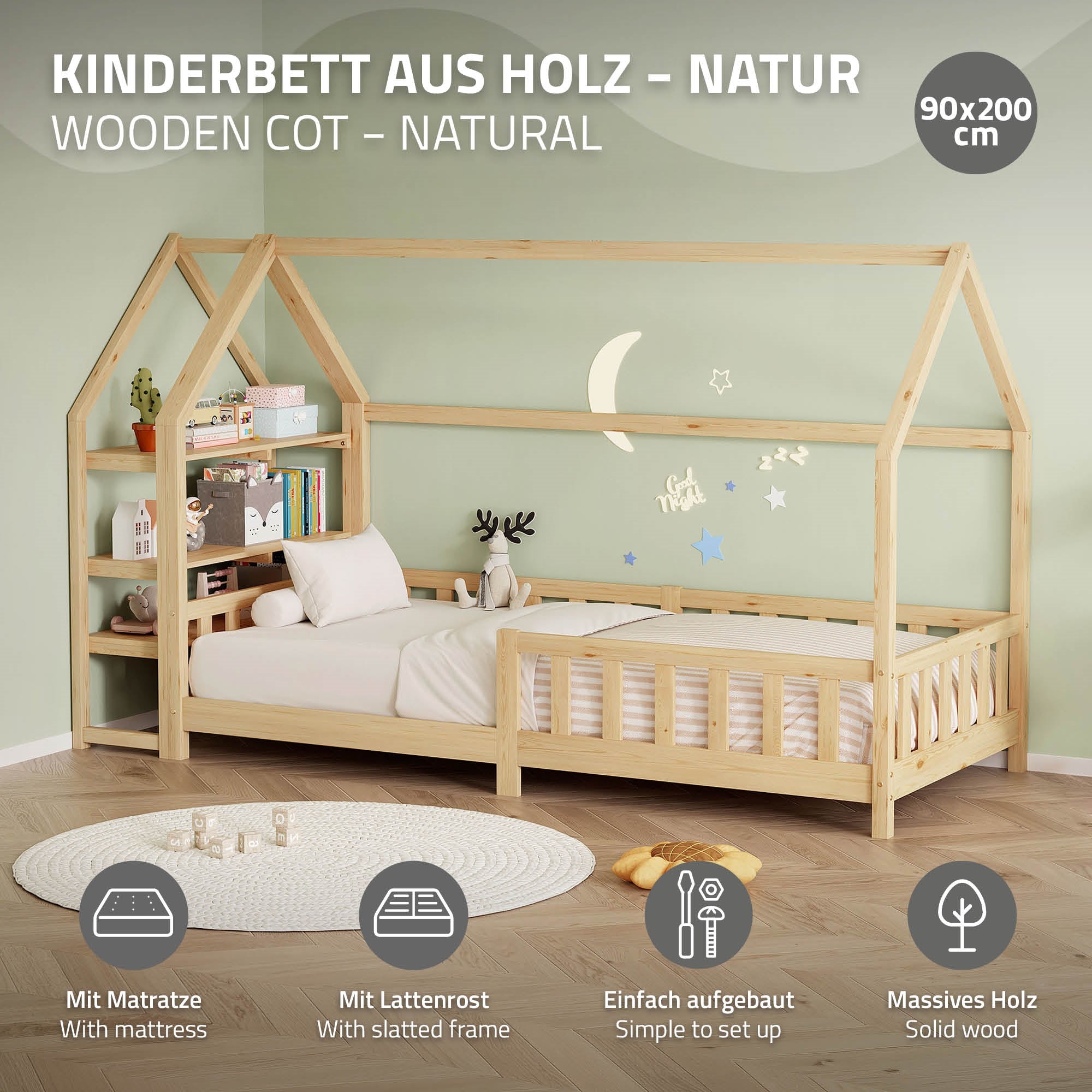 ML-Design lit cabane enfant pin naturel 90x200 cm avec matelas
