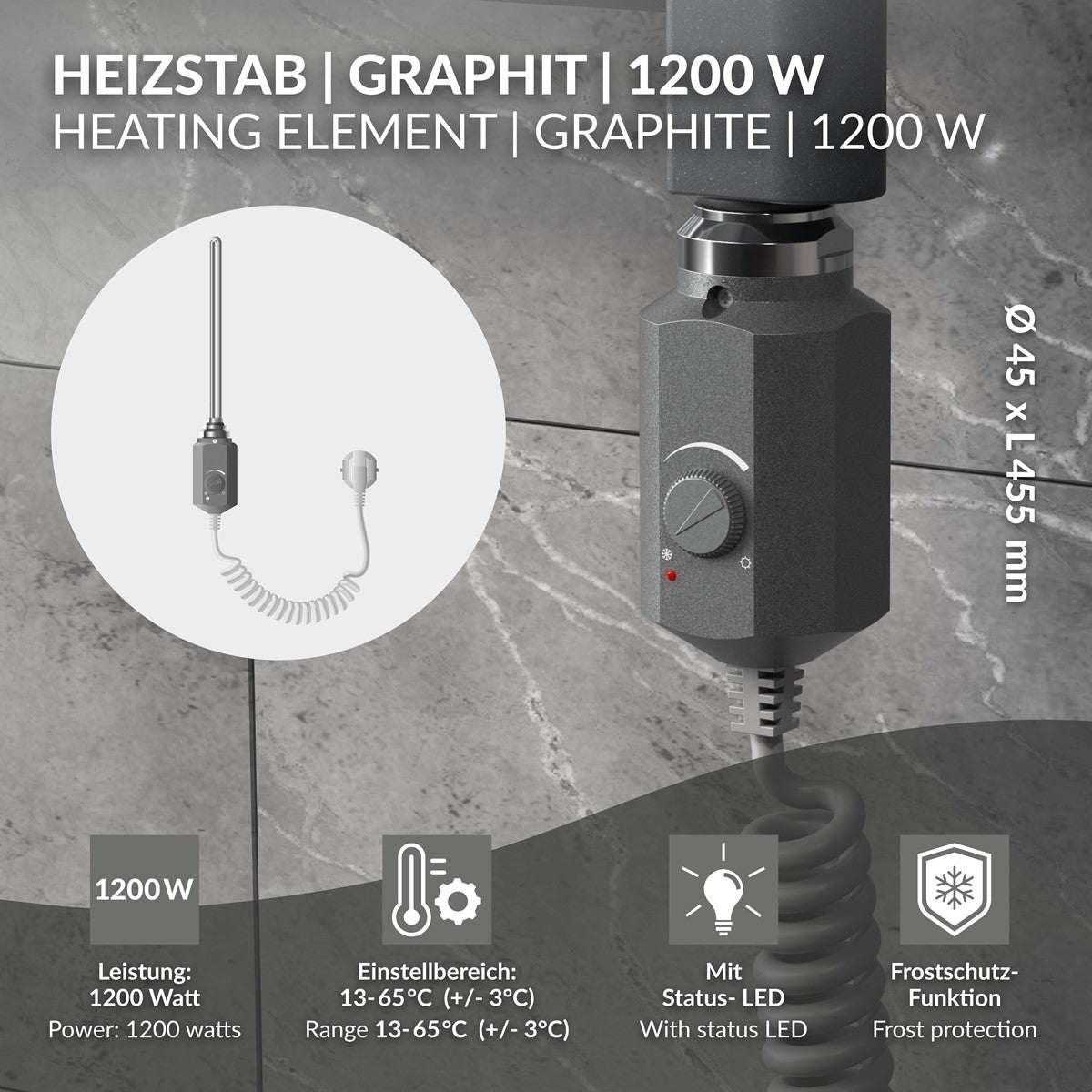 ECD Germany Heizungen résistance sèche-serviettes 1200W graphite thermostat