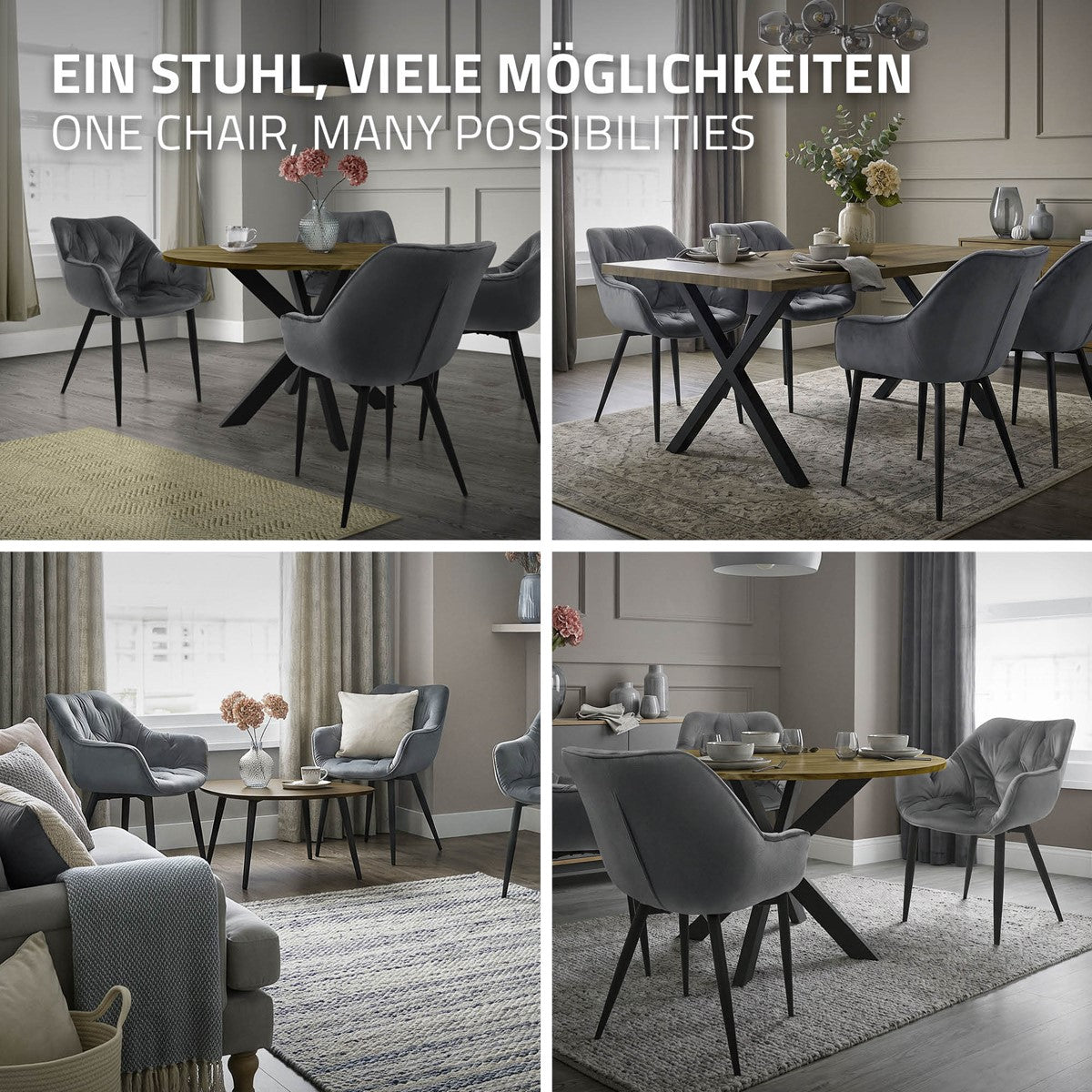 ECD Germany Möbel Chaise anthracite velours lot de 2 accoudoirs