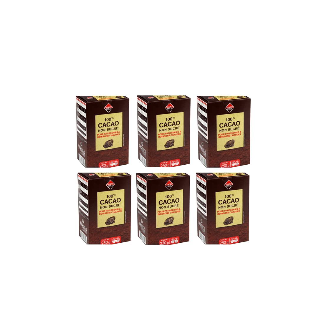 Leader Price Petit-déjeuner cacao non sucré 250g lot de 6 boîtes