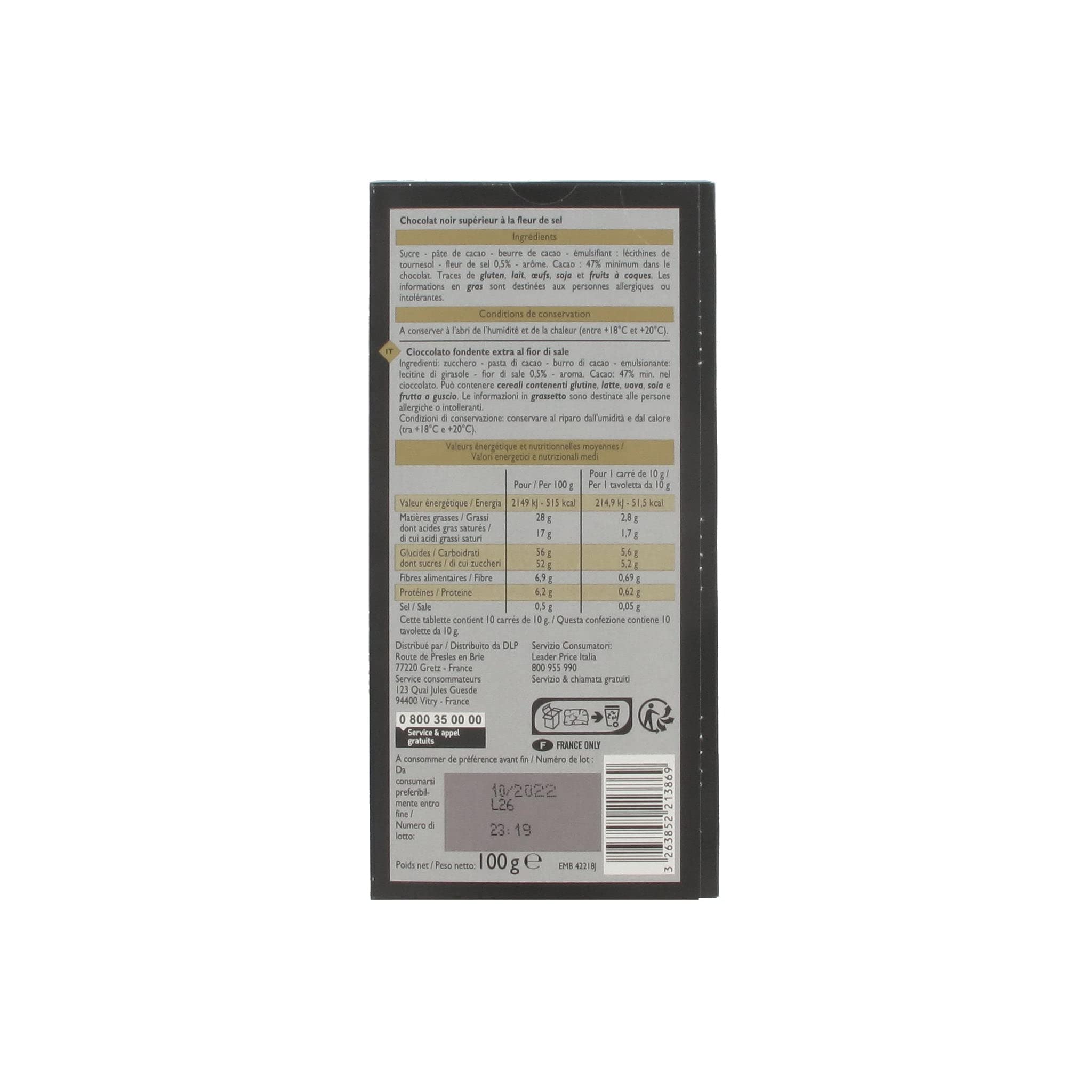 Leader Price Chocolats tablette noir fleur de sel