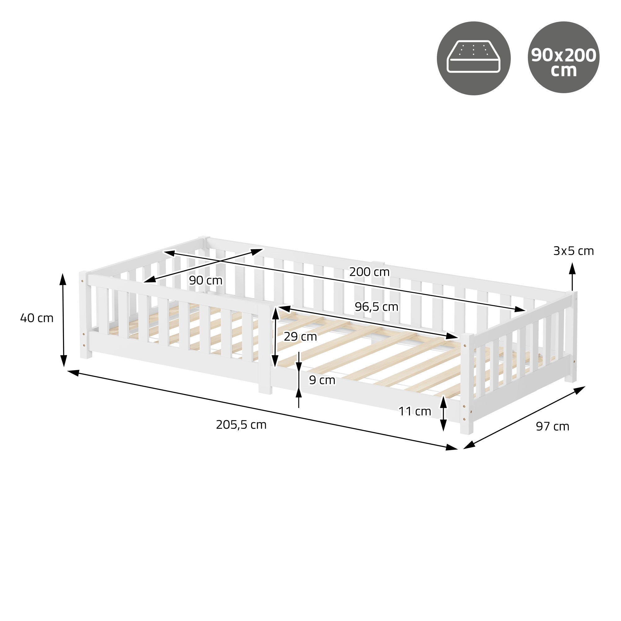 ECD Germany Kinder lit enfant 90x200 blanc barrière pin
